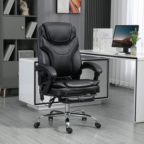 6 Point Vibration Massage Office Chair, PU Leather Heated Reclining Computer Chair with Footrest, Black