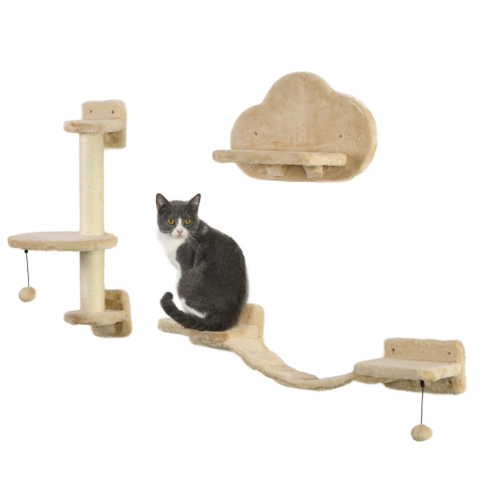 3 PCs Cat Wall Climber with Scratching Post, Ladder, Perches, Cloud-Shaped Cat Shelves, Beige Cat Climbing Wall at Gallery Canada