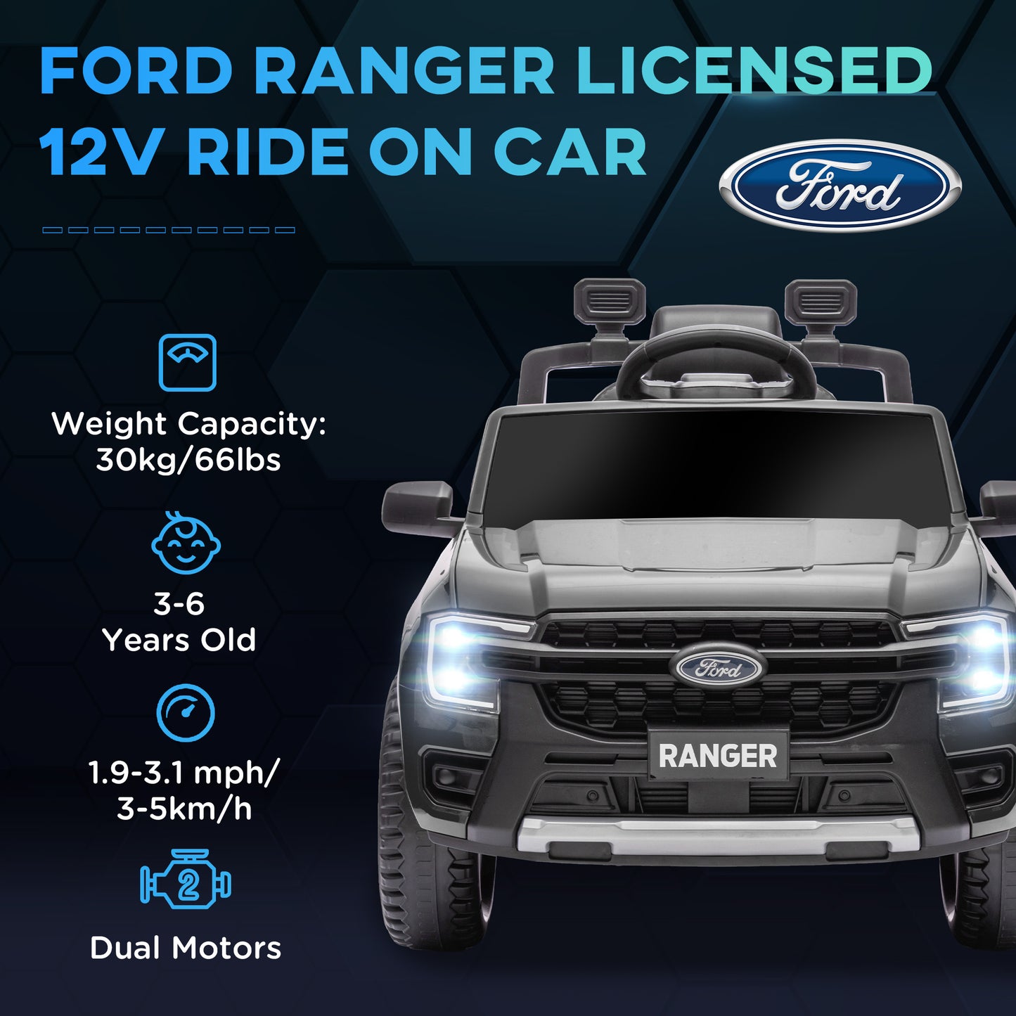 Ford Ranger Licensed 12V Ride on Car Battery Powered Kids Truck w/ Rear Storage Remote, Spring Suspension, Grey Electric Toy Cars   at Gallery Canada