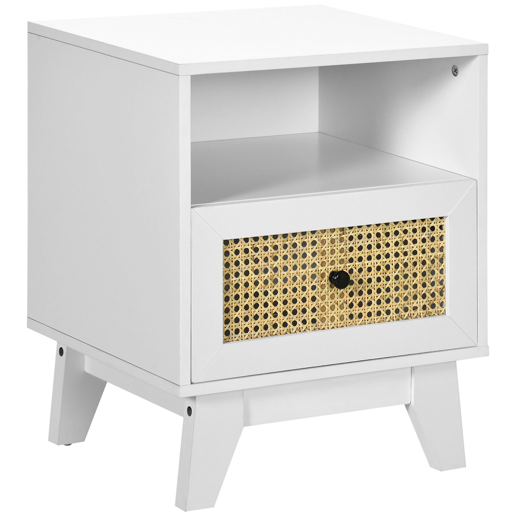 Bedside Table with Rattan Element, Side End Table with Drawer and Shelf, 17.7