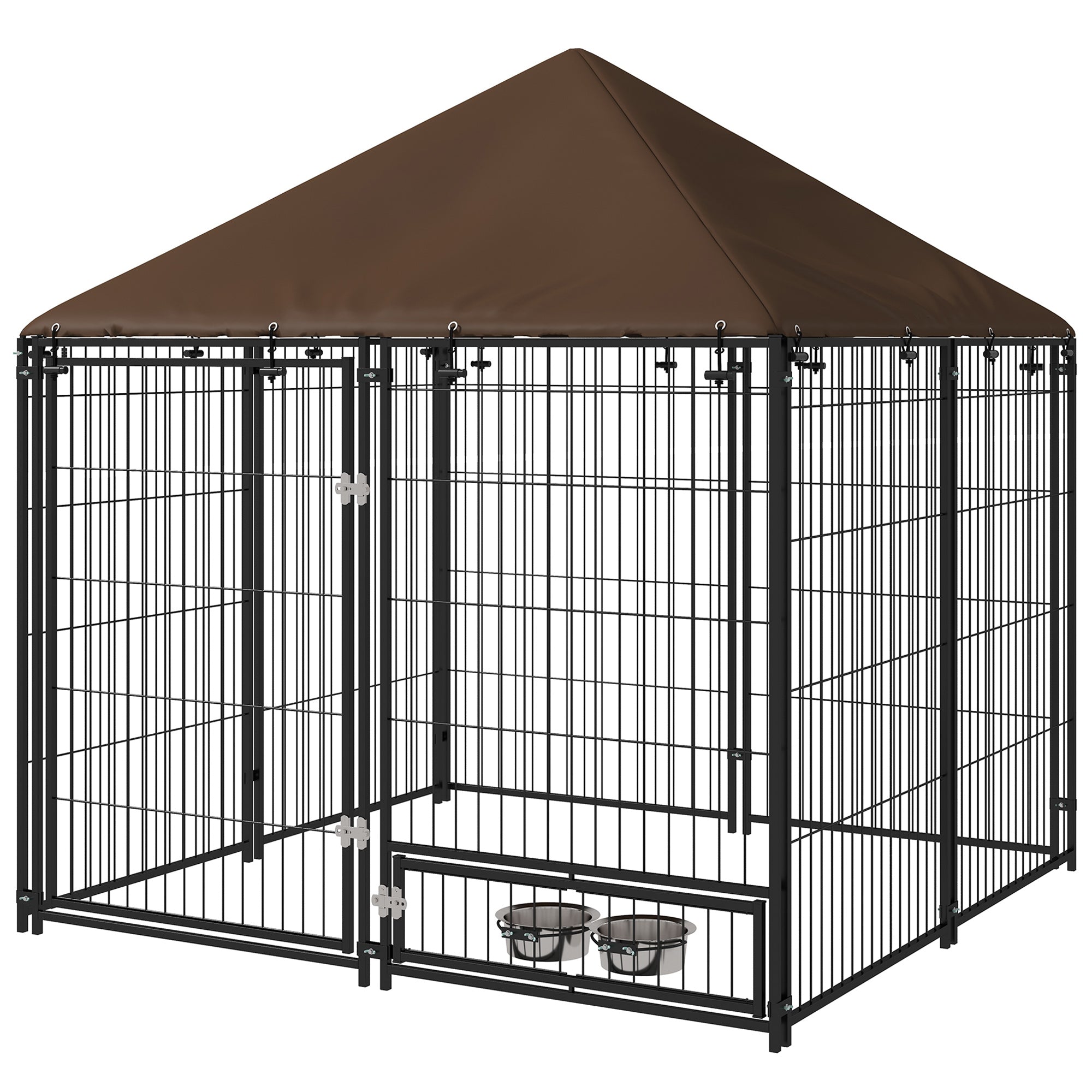 4.6' x 4.6' x 5' Outdoor Dog Kennel with Canopy, Rotating Bowls, Coffee Houses, Kennels & Pens Coffee, Black, Brown at Gallery Canada