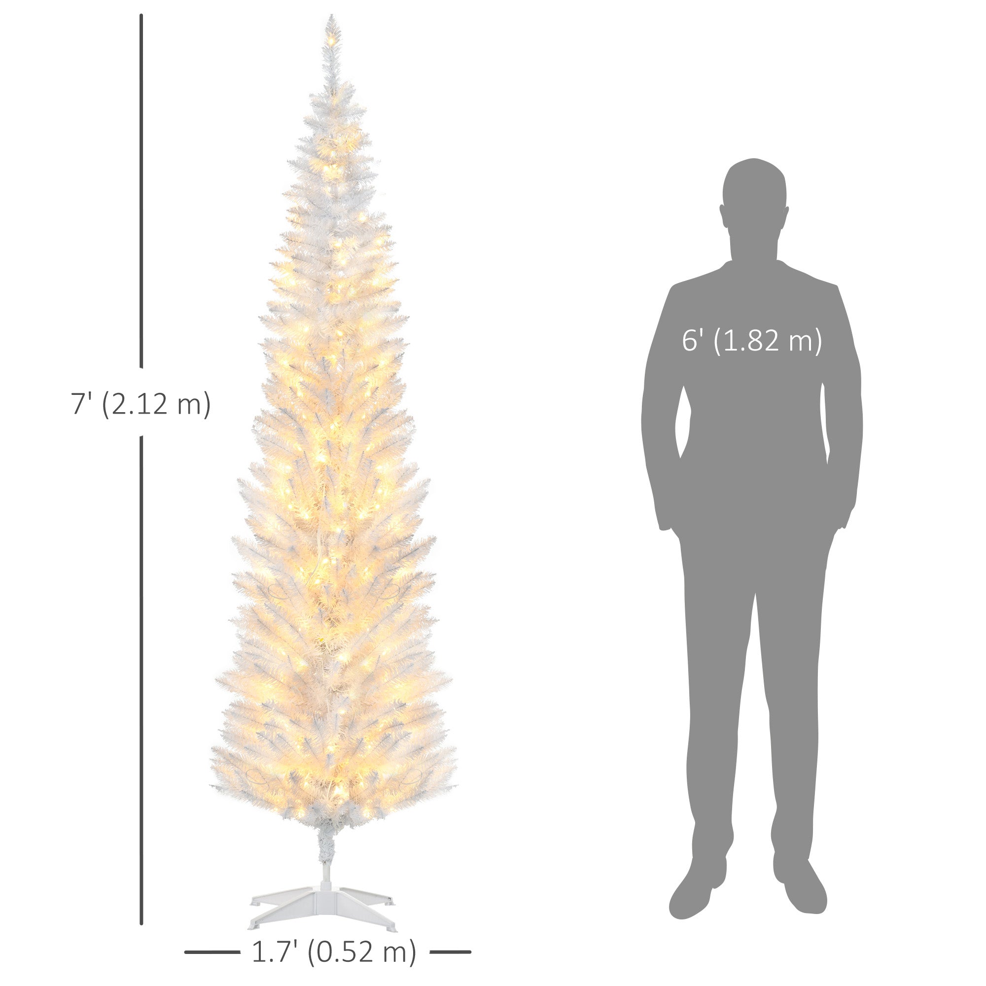 7' Pre Lit Artificial Pencil Christmas Trees, Xmas Tree with Realistic Branches and Warm White LED Lights, White Pencil Christmas Trees at Gallery Canada