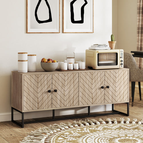 Sideboard Buffet Cabinet with 2 Adjustable Shelves and Steel Base, TV Stand, Coffee Bar Cabinet for Living Room, Oak