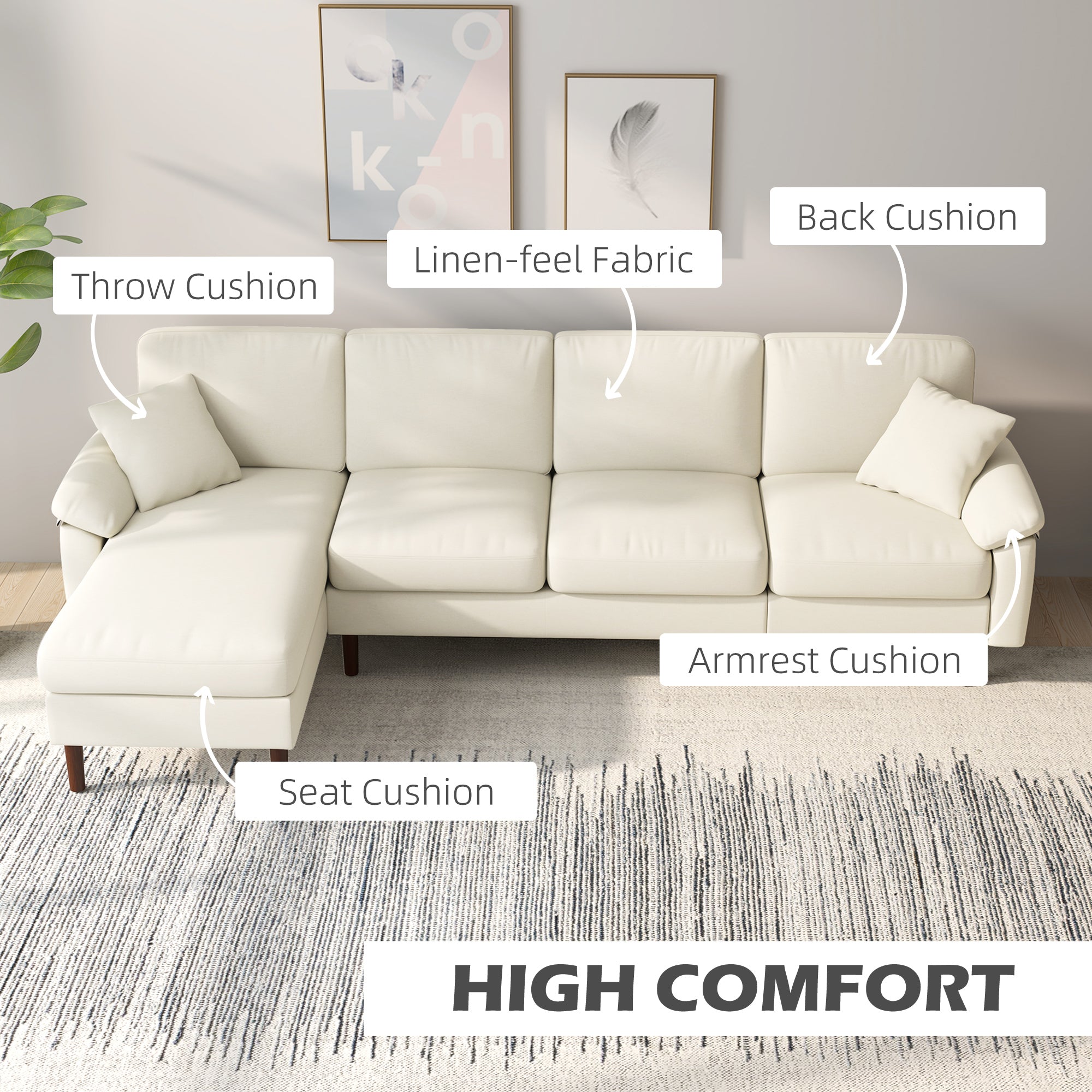 L-Shape Sofa, Modern Sectional Couch with Changeable Chaise Lounge, Pillows and Wooden Legs for Living Room, Cream White 3-Seater Sofas   at Gallery Canada