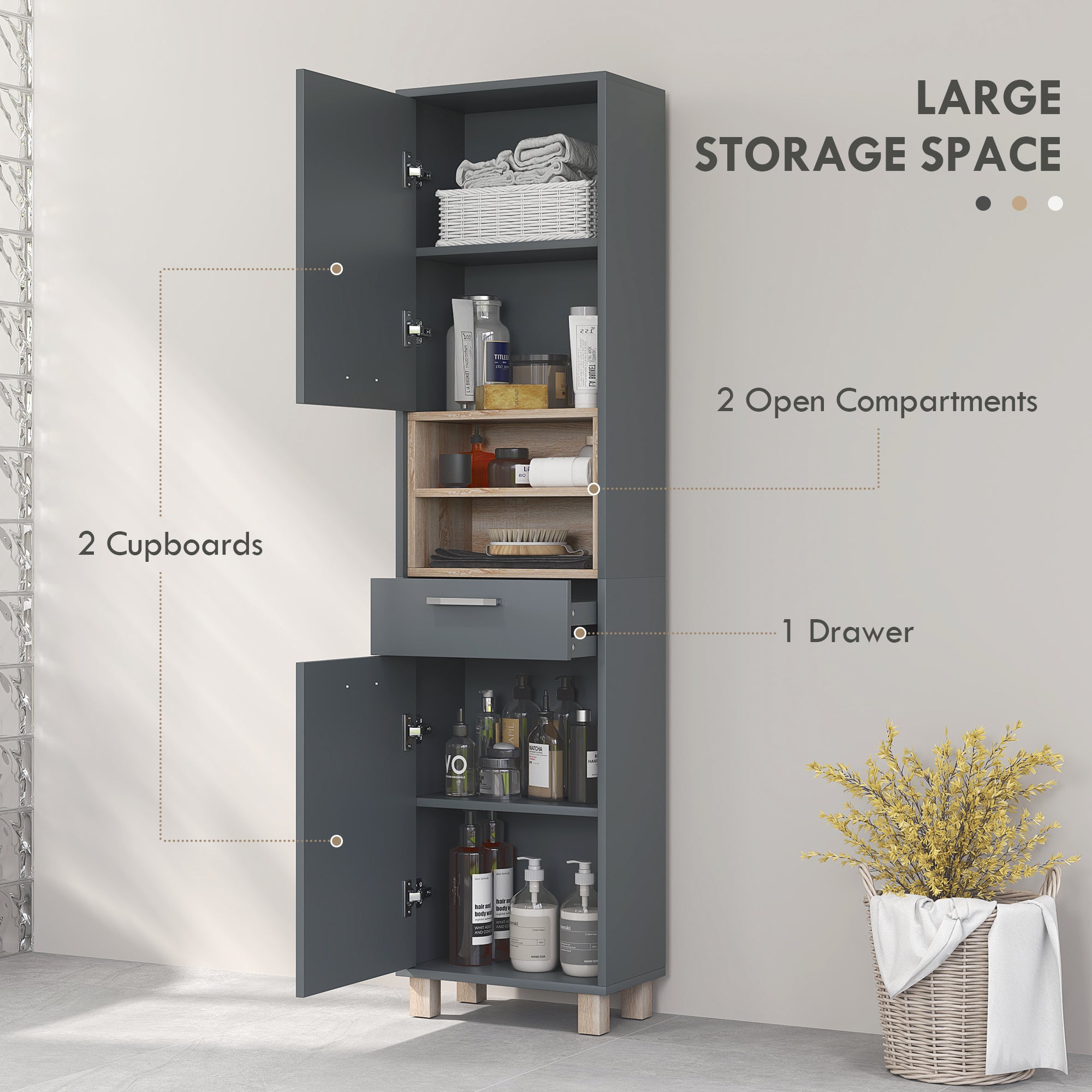 Tall Bathroom Storage Cabinet, Freestanding Bathroom Cabinet with Open Compartments, Double Doors and Drawer Bathroom Cabinets at Gallery Canada