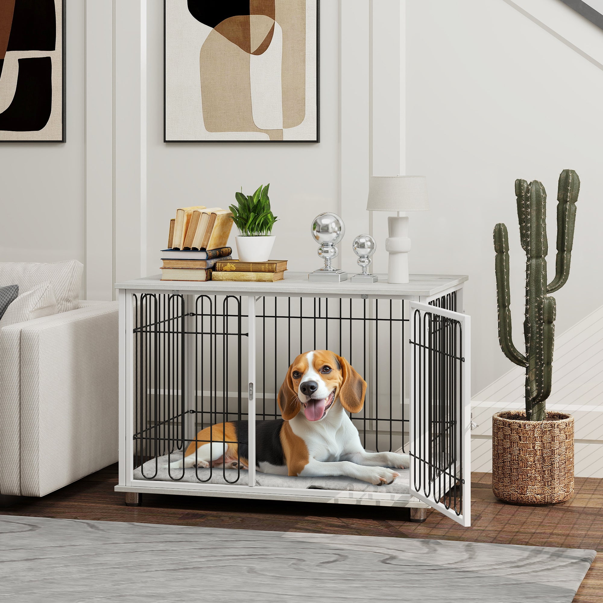 Dog Crate Furniture with Washable Cushion, Adjustable Feet for Medium Dogs, Indoor Use, Grey Houses, Kennels & Pens at Gallery Canada