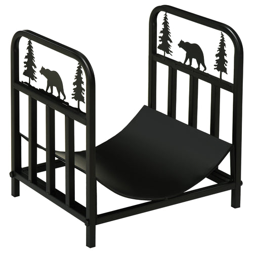 Curved Firewood Rack with Bear and Pine Tree Design, 17 Inch Log Holder Storage Rack with 110 lbs. Capacity, Black