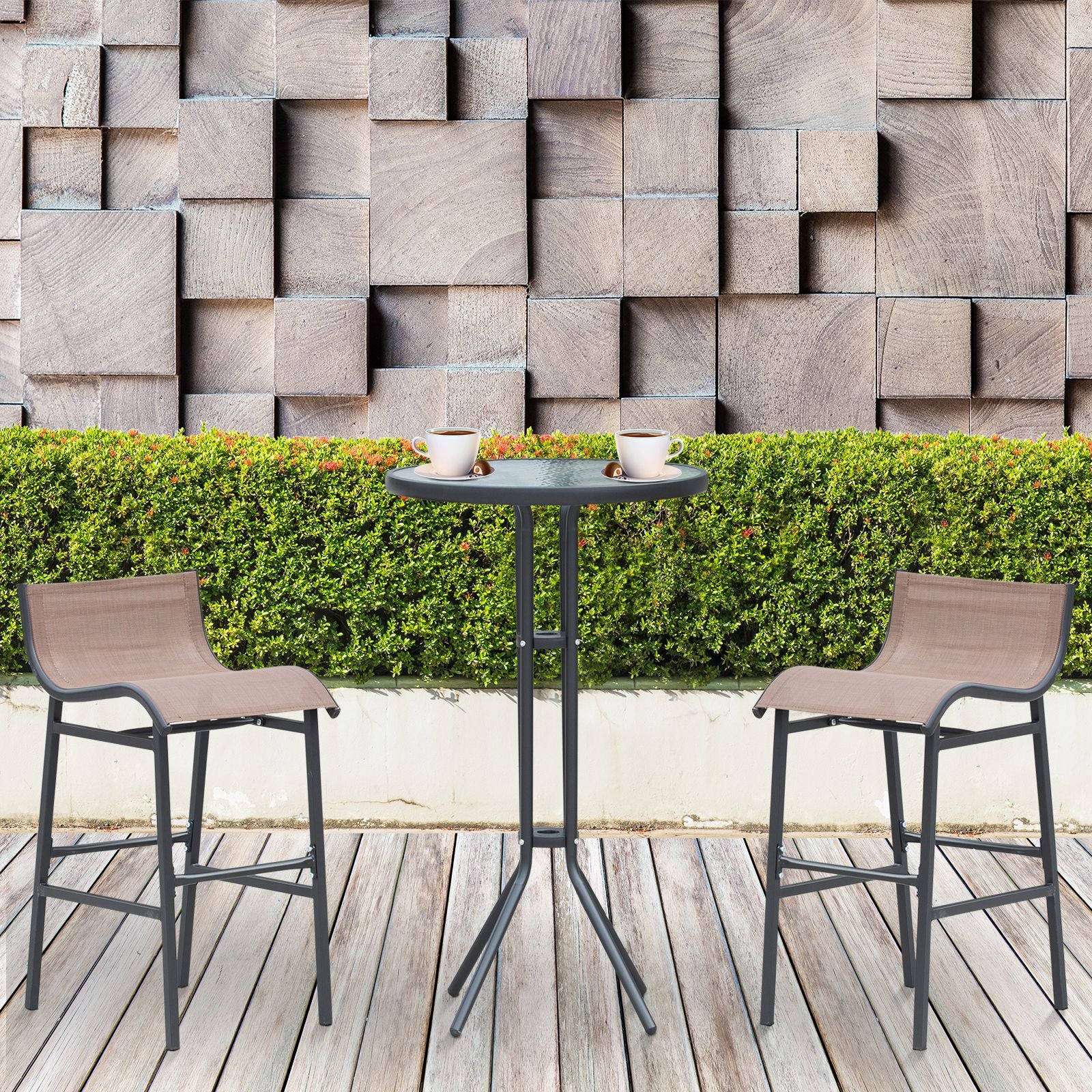 3Pcs Patio Bar Set, Outdoor Bistro Set with 2 Bar Stools and 1 Tempered Glass Bar Table, Dining Chat Set, Brown Bistro Sets at Gallery Canada