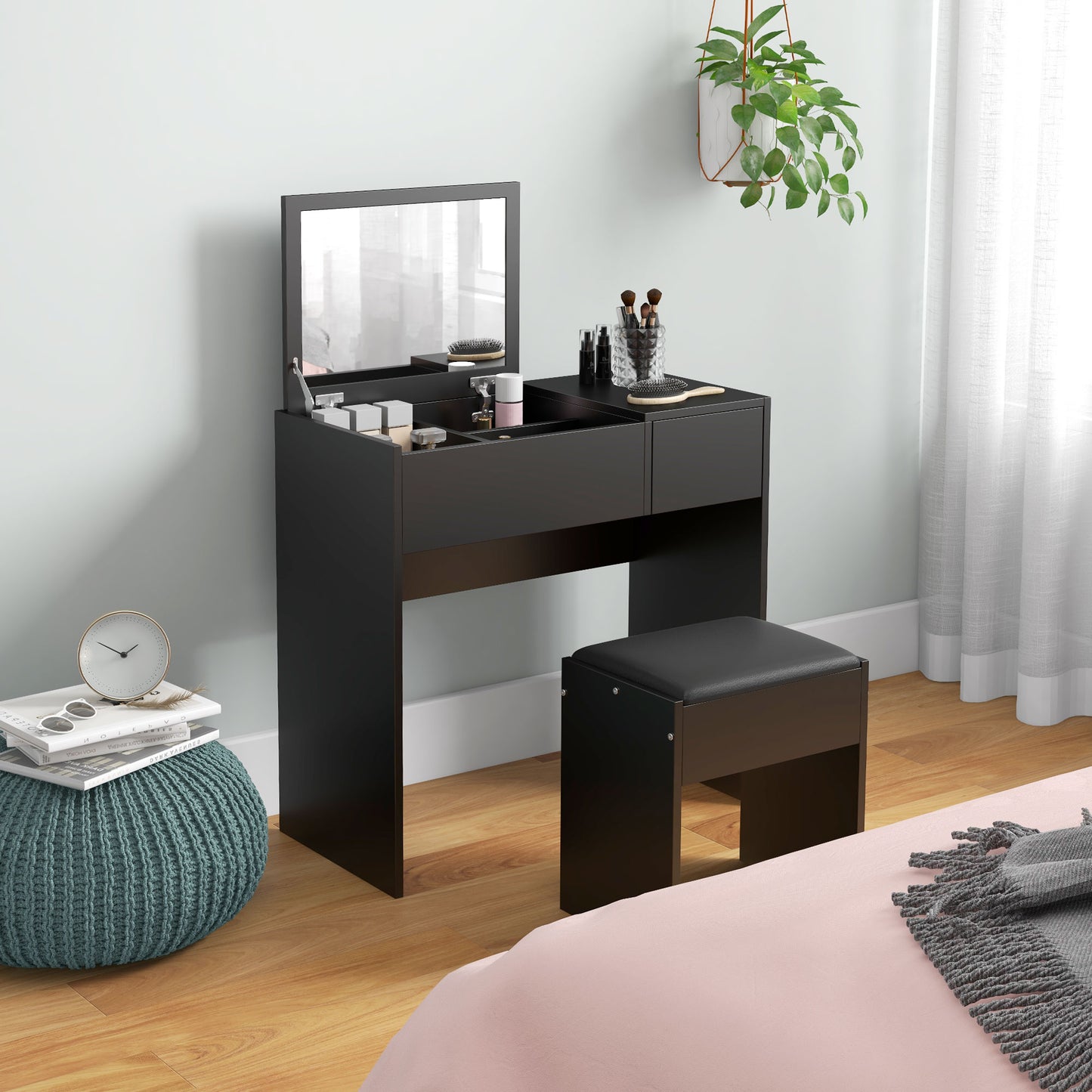 Modern Vanity Set with Flip Top Mirror and Cushioned Stool, Dressing Table with Storage Drawer for Bedroom, Black Dressing & Vanity Tables Black  at Gallery Canada