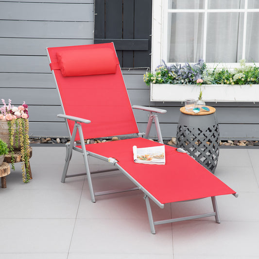 Outdoor Folding Chaise Lounge Chair Steel Portable Recliner with 7 Adjustable Backrest Positions, Red Lounger Chairs   at Gallery Canada