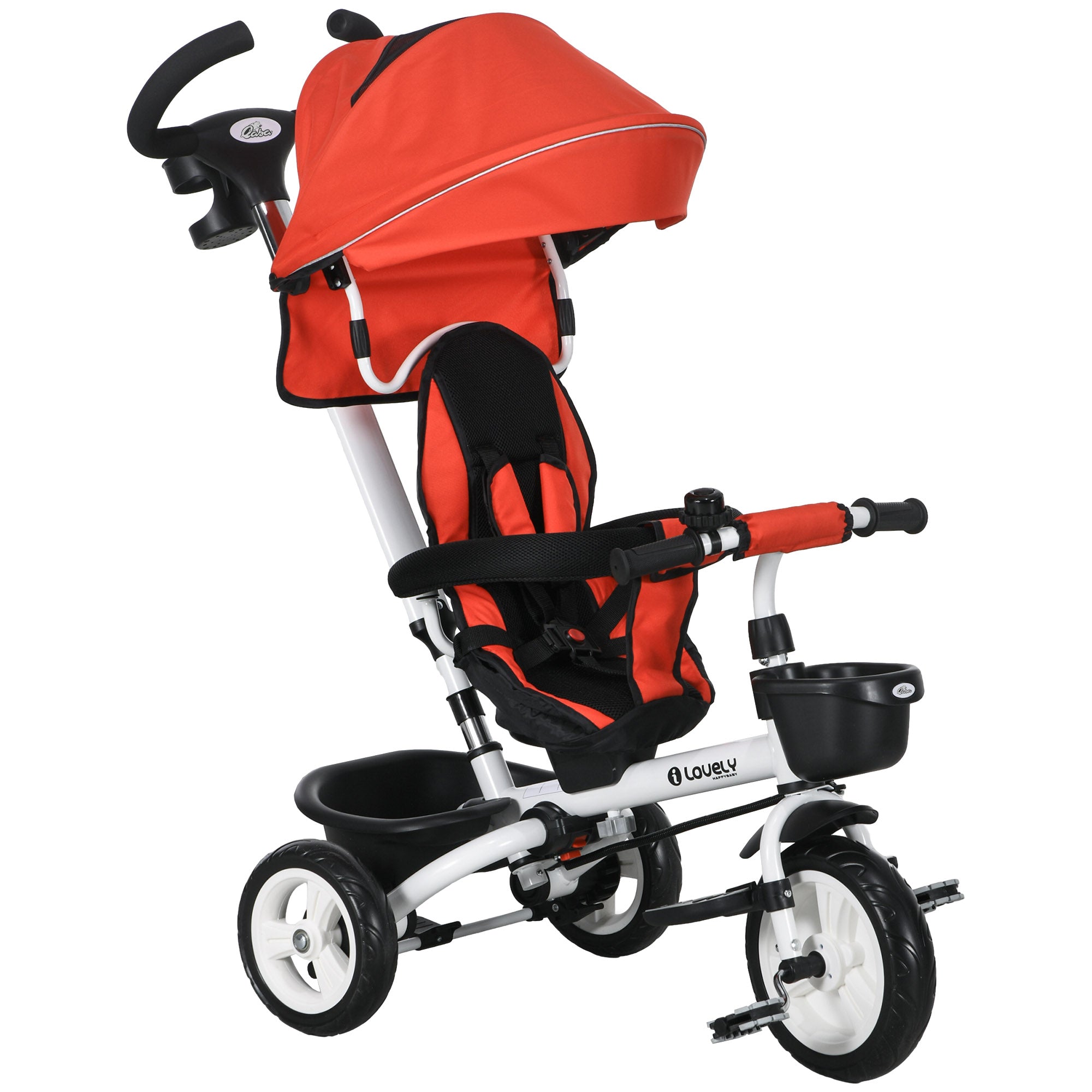 6 in 1 Toddler Tricycle with Parent Push Handle, Canopy, Storage Baskets, Cupholder, Red Tricycles for Kids at Gallery Canada