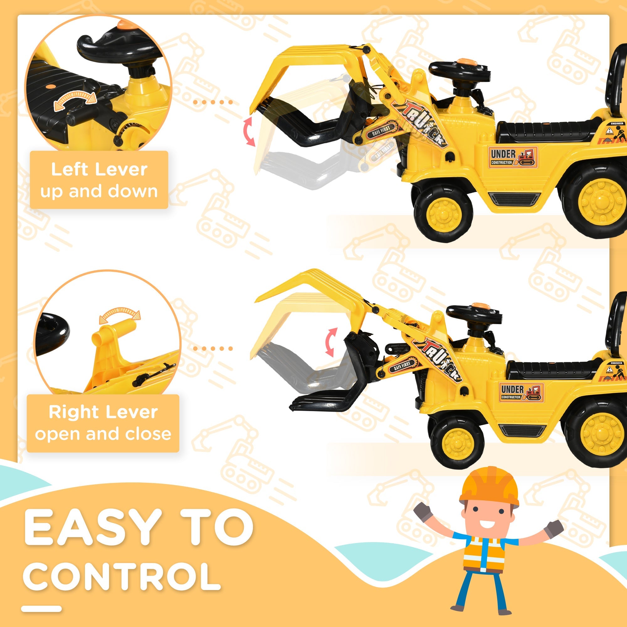 Ride On Excavator Toy No Power Digger with Realistic Sound Grabber Storage, for 3-4 Years Old, 32.7