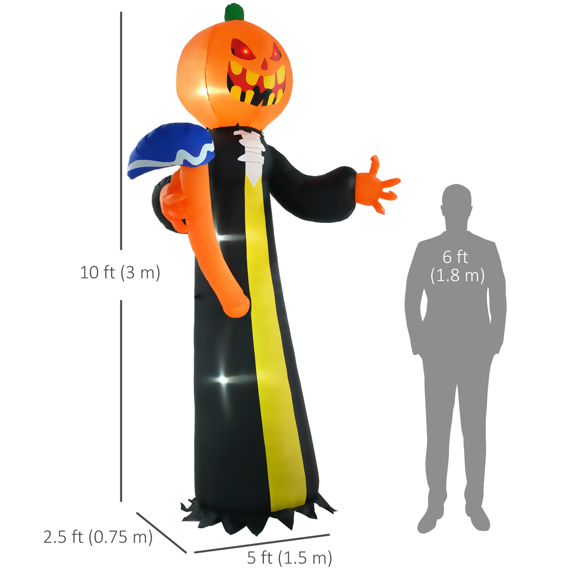 10ft Halloween Inflatable Pumpkin Head Ghost with Hammer, Built-in LED Lights for Yard, Lawn Decoration Halloween Decorations   at Gallery Canada