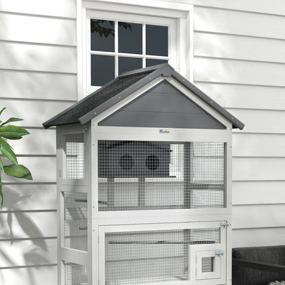 Wooden Bird Cage with Perches, Bird House, Ladder, Slide-Out Tray for Finches, Parakeets, Small Birds, Grey - Gallery Canada