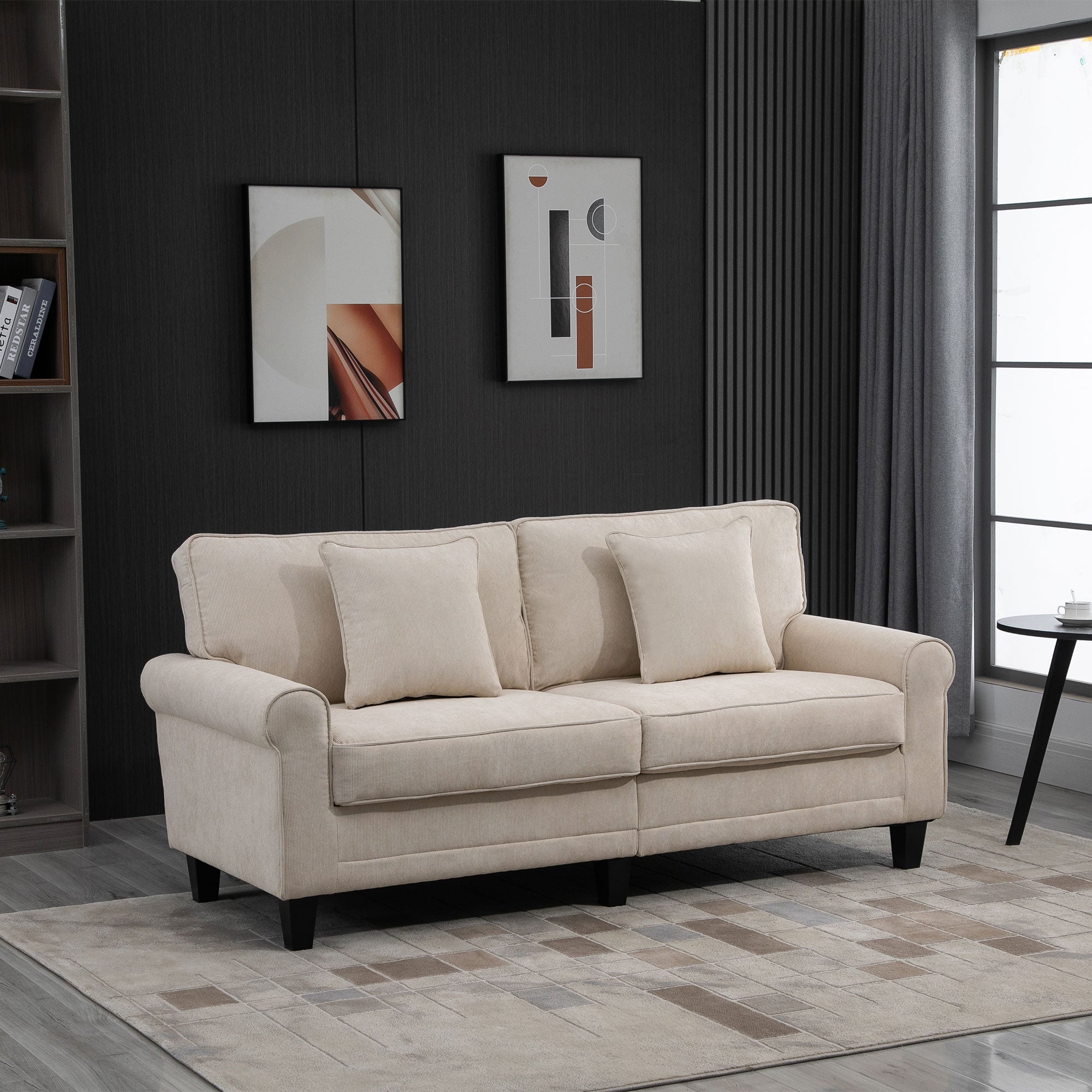 Modern 3 Seater Sofa, Corduroy Fabric 3 Seater Couch with Pine Wood Legs and Rolled Armrests for Living Room, Beige 3-Seater Sofas   at Gallery Canada