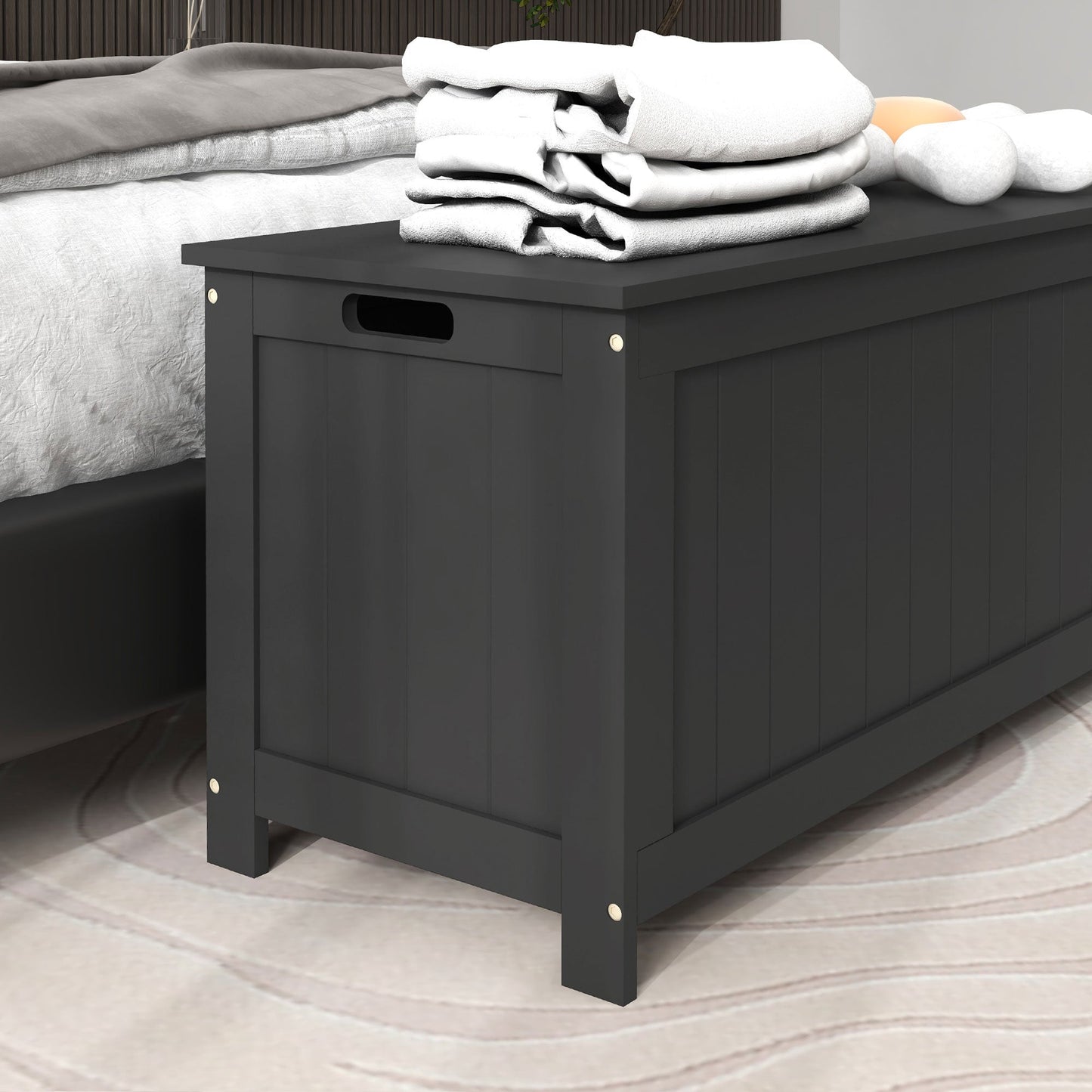 Storage Trunk with 2 Safety Hinges, Modern Entryway Bench with Side Handles, Toy Chest for Living Room, Playroom, Black Storage Ottomans & Benches   at Gallery Canada