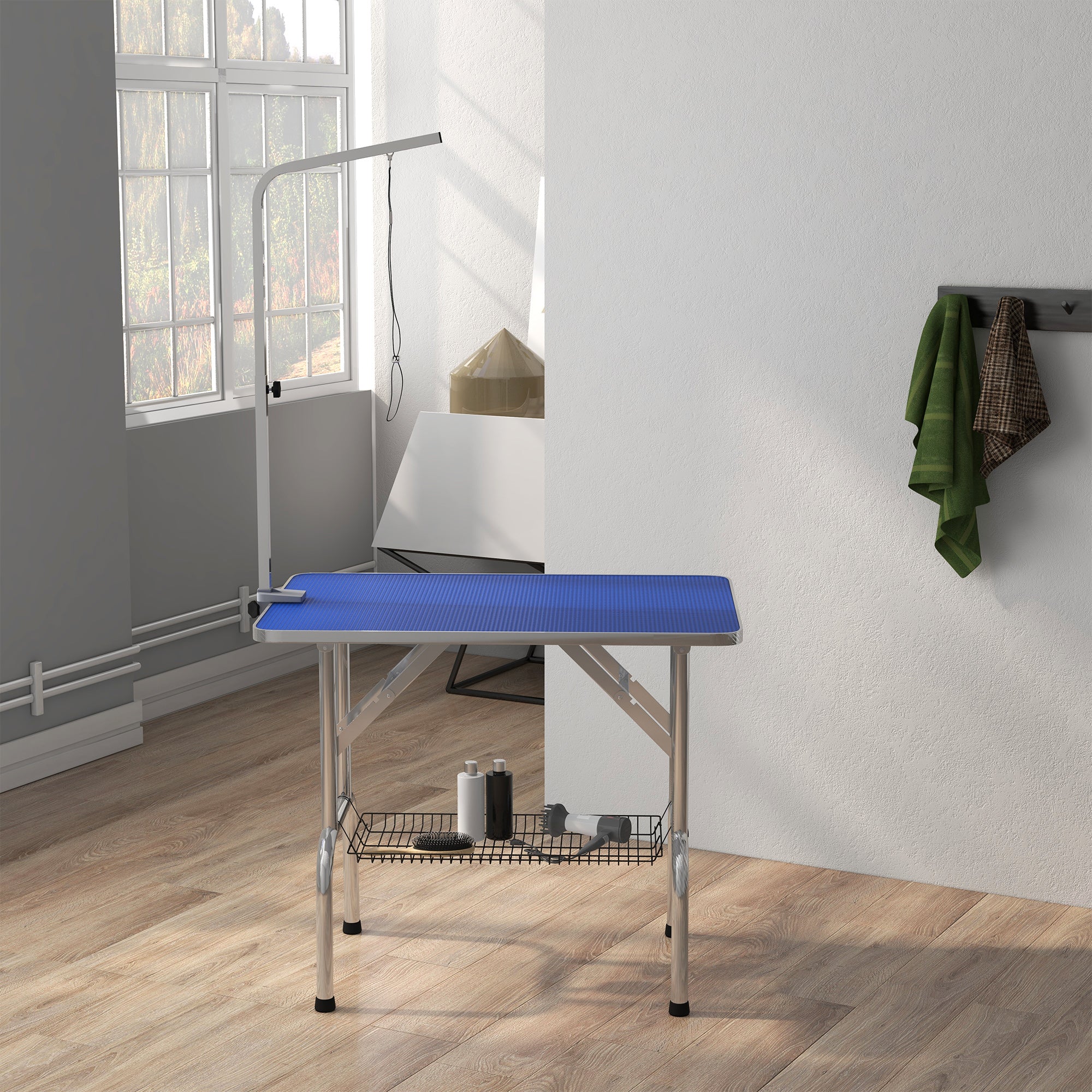 Foldable Grooming Table for Dogs with Height Adjustable Grooming Arm, Storage Shelf, Blue Dog Grooming Tables at Gallery Canada