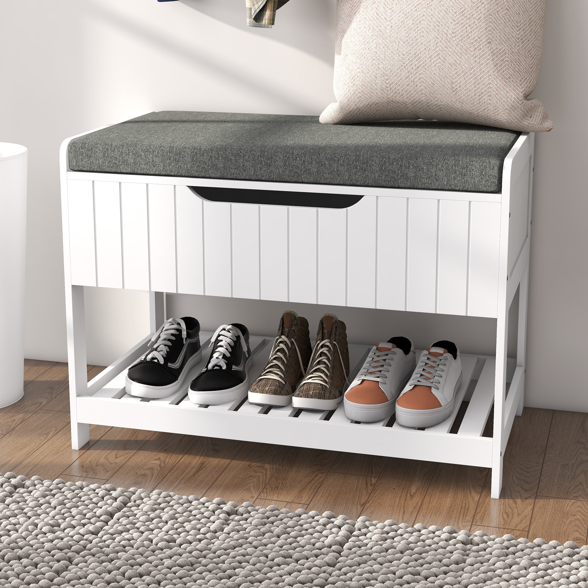 Wall Mounted Coat Rack with Shoe Storage Bench, Hall Tree and Bench, Clothes Hanger Rack with Shelves for Hallway White Clothing Storage   at Gallery Canada