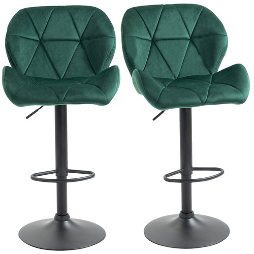 Bar Stool Set of 2 Fabric Adjustable Height Armless Upholstered Counter Chairs with Swivel Seat, Green