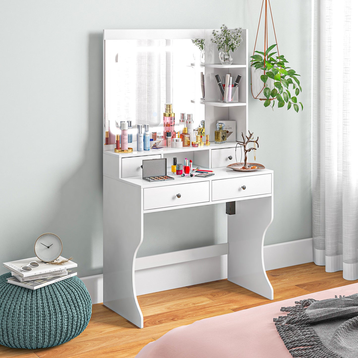 Dressing Table with Lighted Mirror, Vanity Table with Charging Station, USB Ports, Drawers, Storage Shelves, White Dressing & Vanity Tables   at Gallery Canada