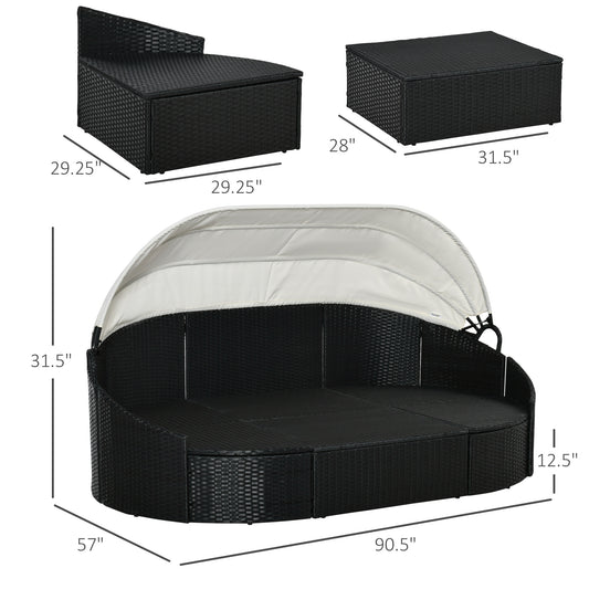 4 Pieces Patio PE Wicker Round Daybed, Outdoor Rattan Garden Lounge Furniture Sets, Cream Daybeds   at Gallery Canada