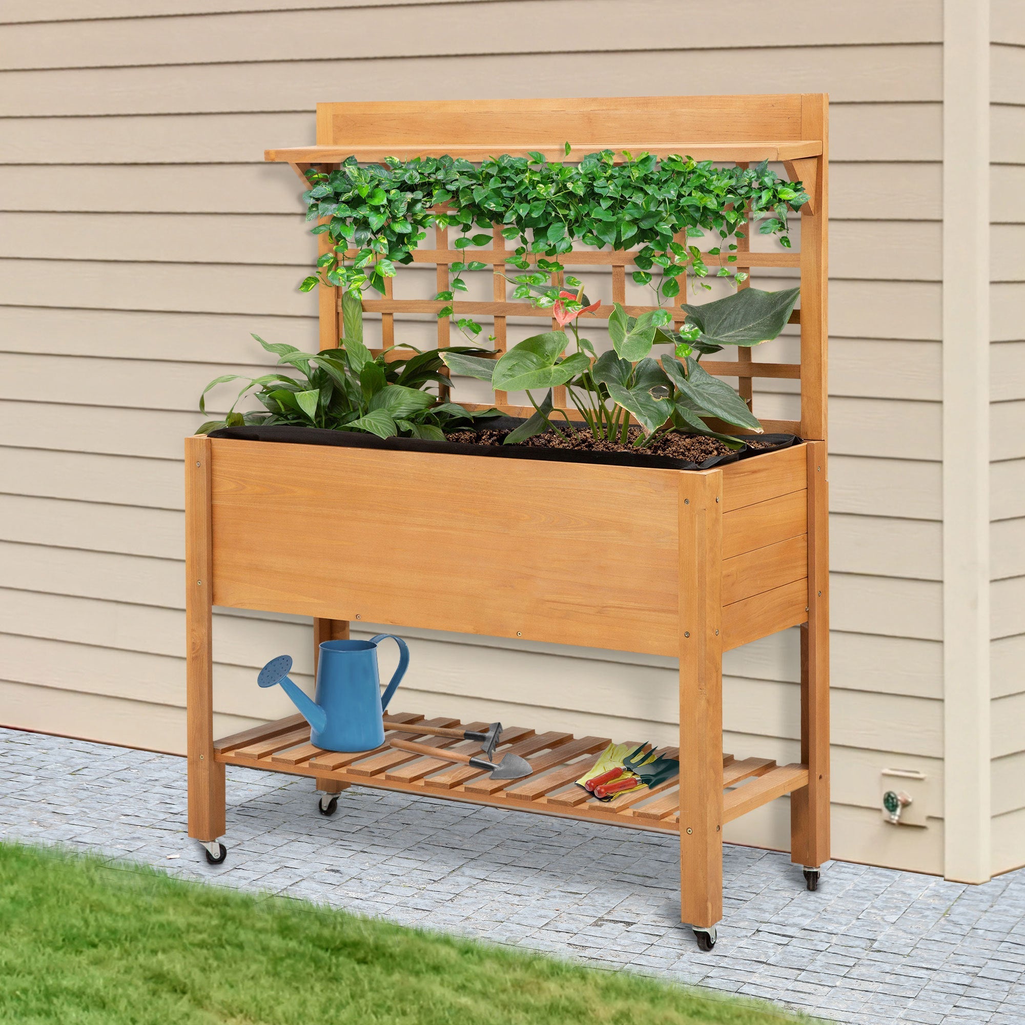 Wooden Raised Garden Bed Planter with Shelf and Wheels, 41.25