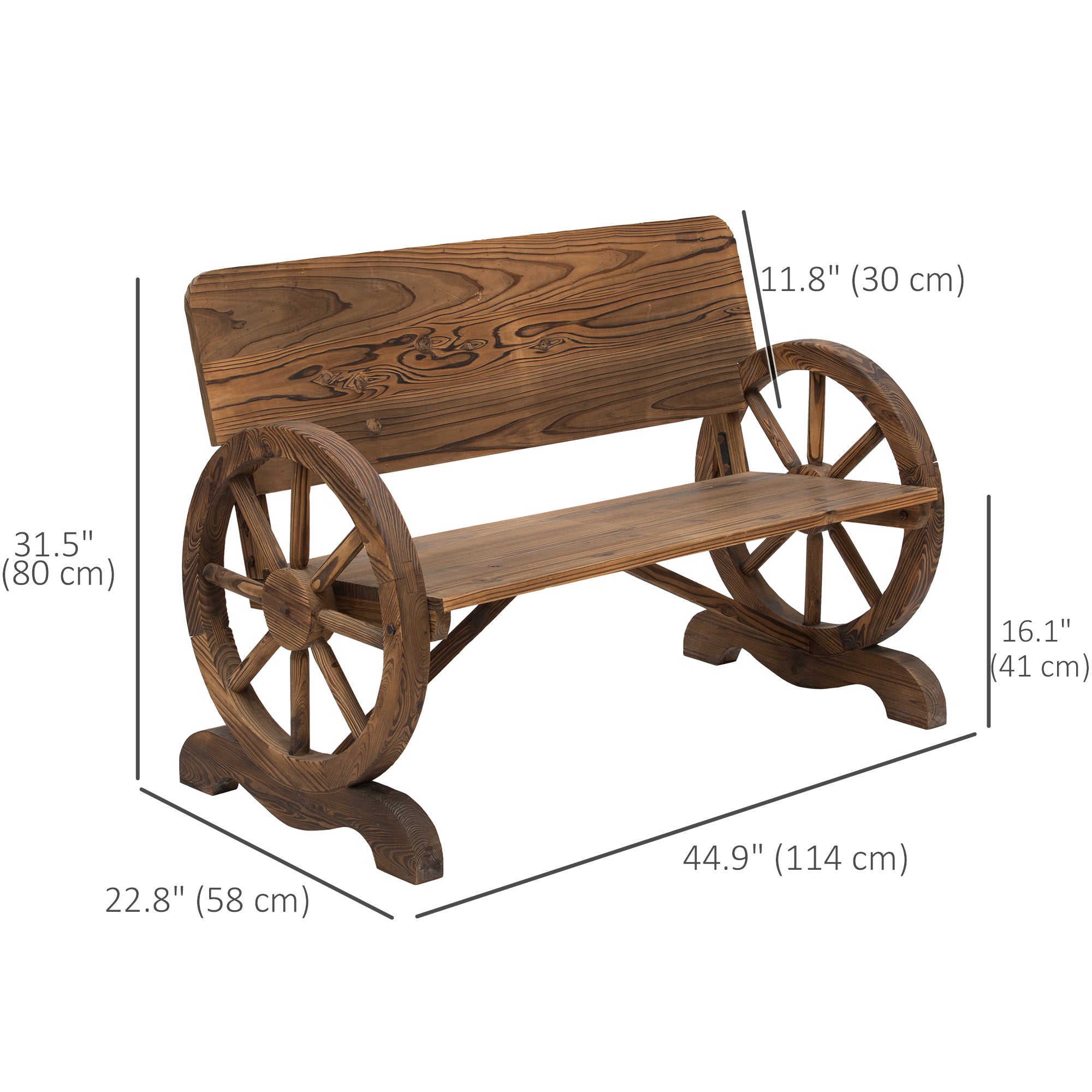 Wooden Wagon Wheel Bench Rustic Design 2 Seater Garden Outdoor Chair High Back Loveseat Outdoor Benches at Gallery Canada