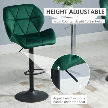 Bar Stool Set of 2 Fabric Adjustable Height Armless Upholstered Counter Chairs with Swivel Seat, Green Bar Stools   at Gallery Canada