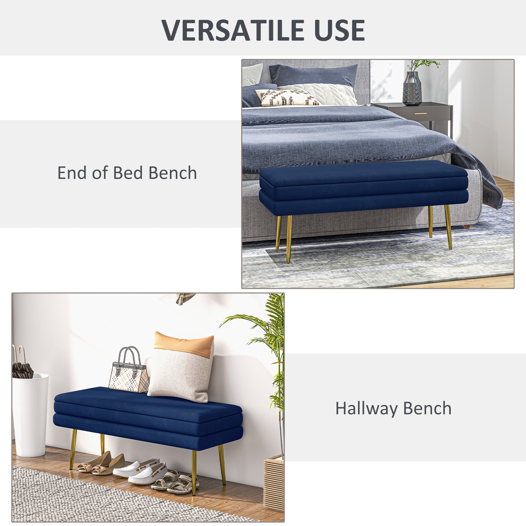 End of Bed Bench, Velvet-feel Upholstered Bench with Thick Padded Seat and Steel Legs, Modern Bedroom Bench, Dark Blue Storage Ottomans & Benches at Gallery Canada