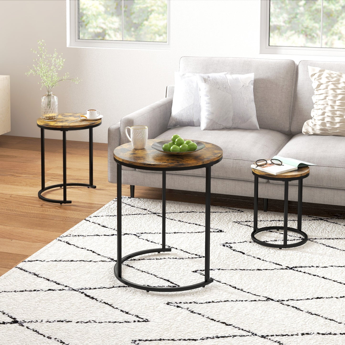 Nesting Coffee Tables Set of 3, Stacking Round Side Tables with Steel Frame for Living Room, Rustic Brown Side Tables   at Gallery Canada