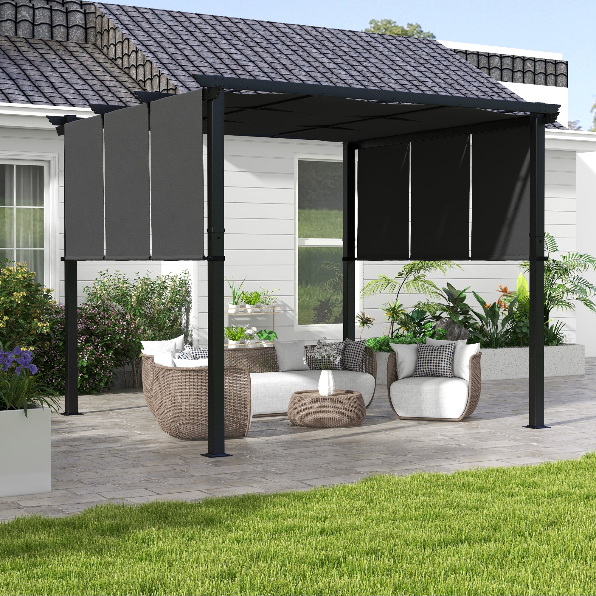 10' x 10' Metal Pergola, Outdoor Pergola with Retractable Canopy, for Garden, Patio, Backyard, Deck, Charcoal Grey Pergolas at Gallery Canada