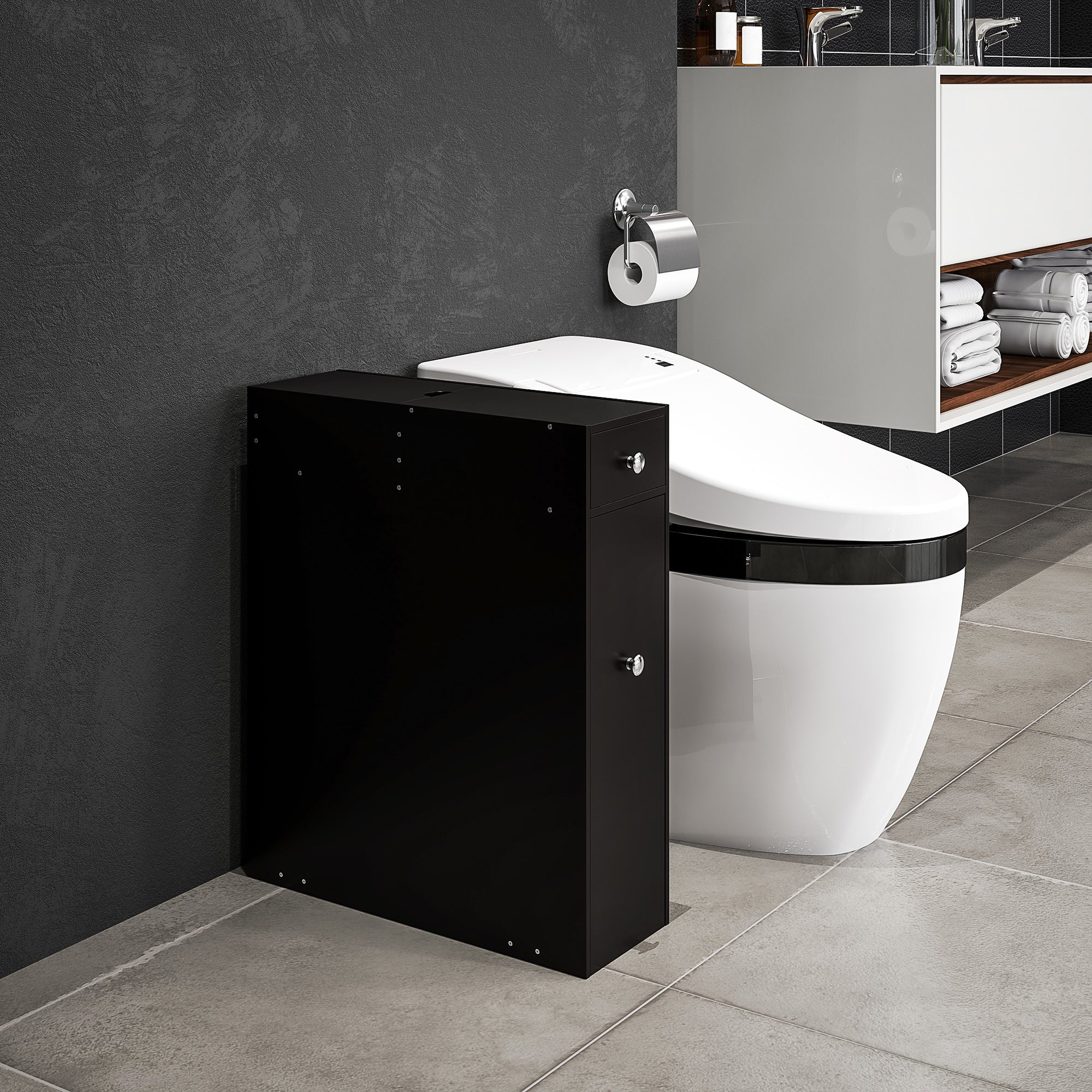 Space Saving Toilet Paper Cabinet, Narrow Bathroom Cabinet with Drawers and Hidden Storage, Black Bathroom Cabinets at Gallery Canada
