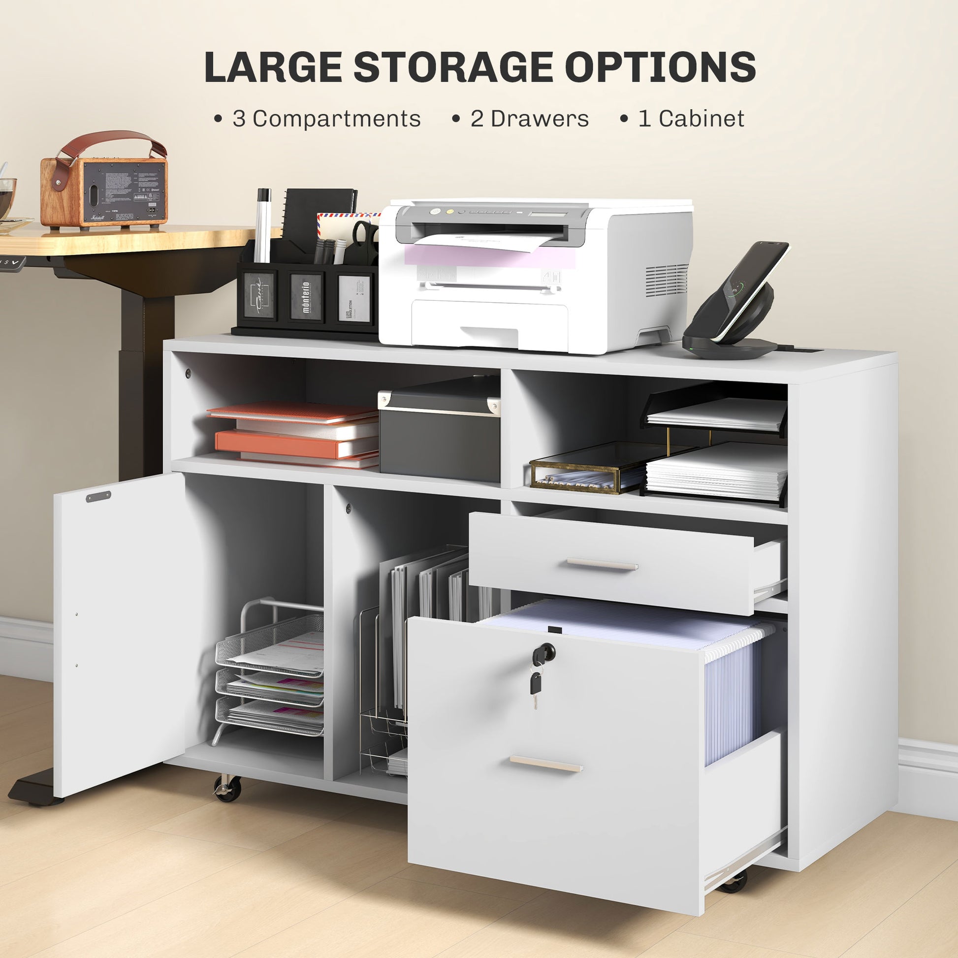 Mobile Printer Stand with Charging Station and USB Ports, Locking Filing Cabinet for A4 and Letter Size, White Office Cabinets & Cupboards   at Gallery Canada