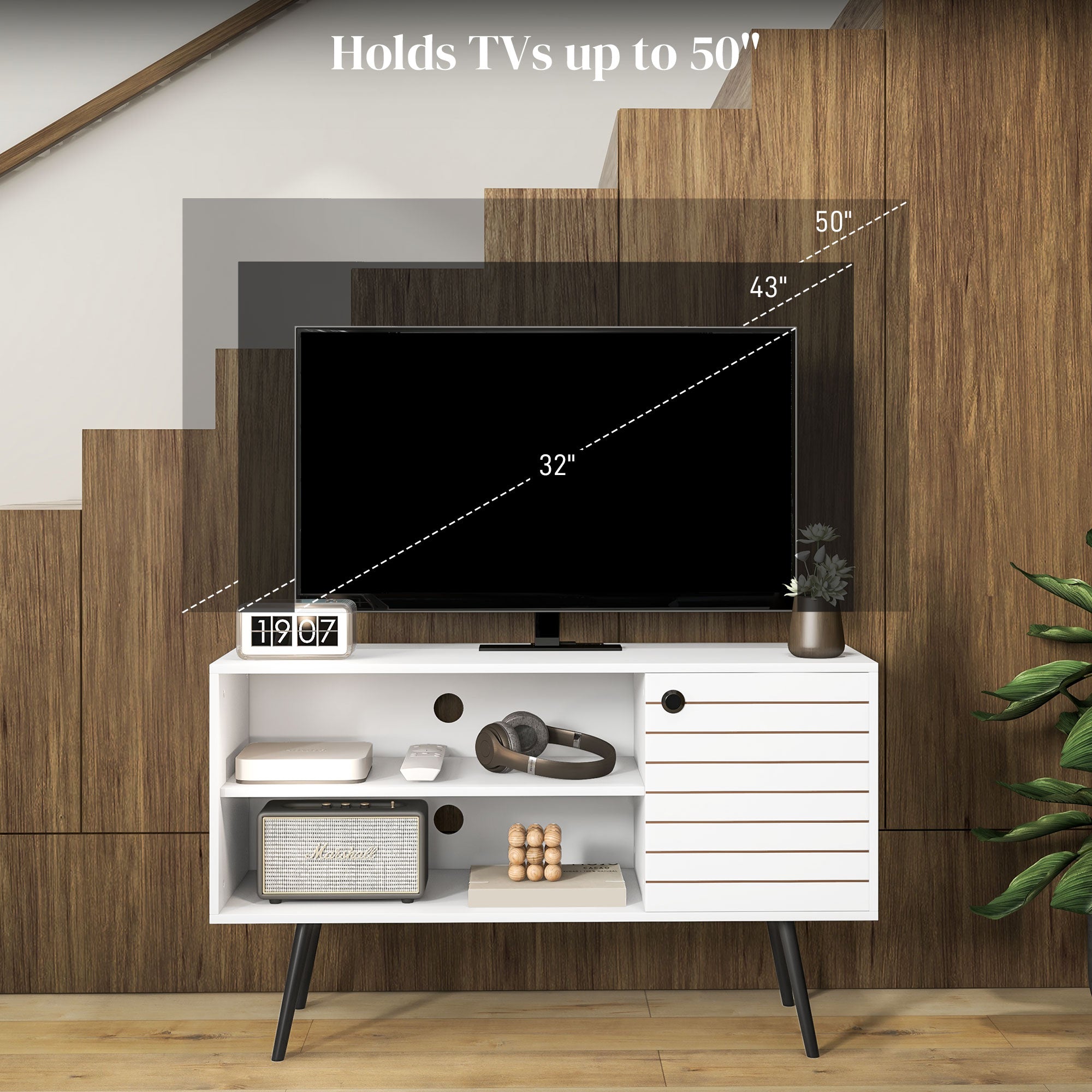 TV Stand Cabinet for 50-Inch, TV Table with Charging Station, Television Stand with Open Shelves, Door and Cable Holes TV Stands   at Gallery Canada