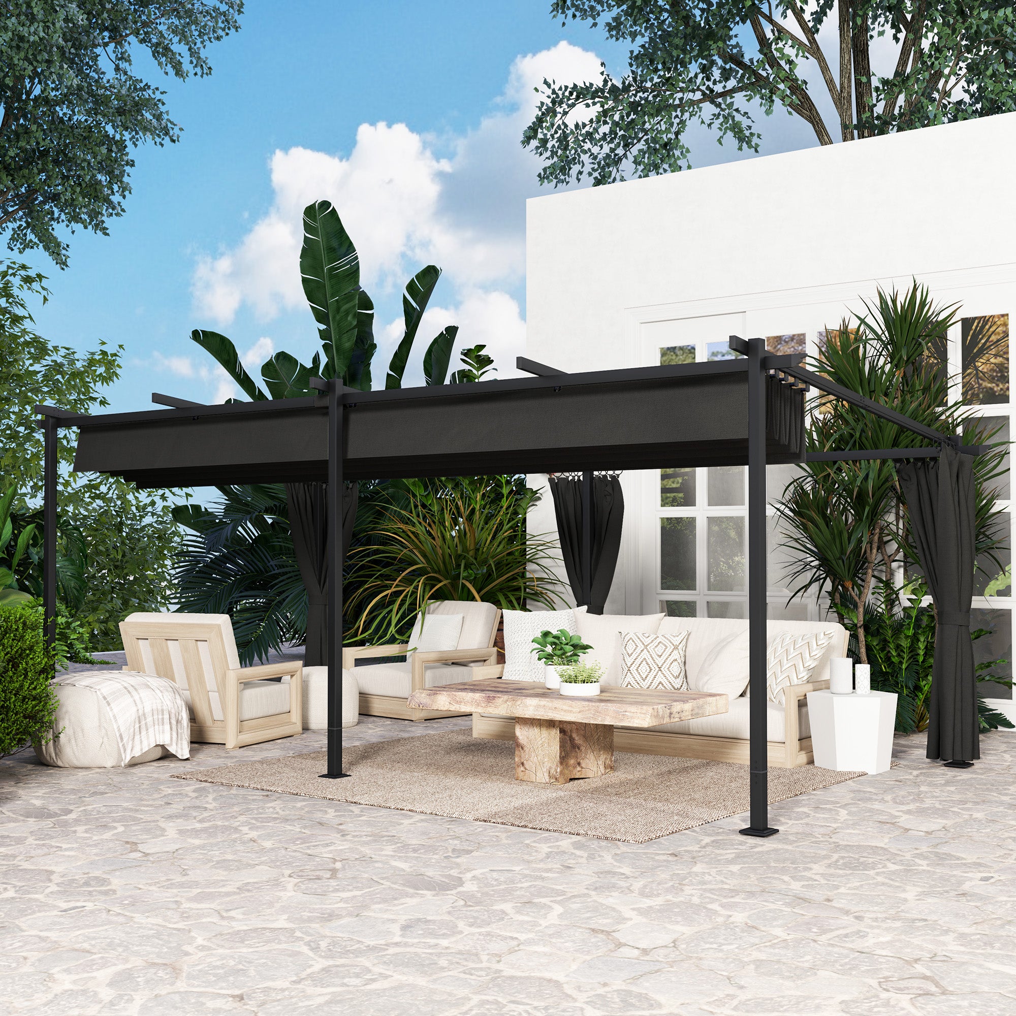 10' x 20' Metal Retractable Pergola Canopy with Sidewalls, Outdoor Gazebo UPF30+ Sun Shade Shelter for Garden, Deck Pergolas at Gallery Canada