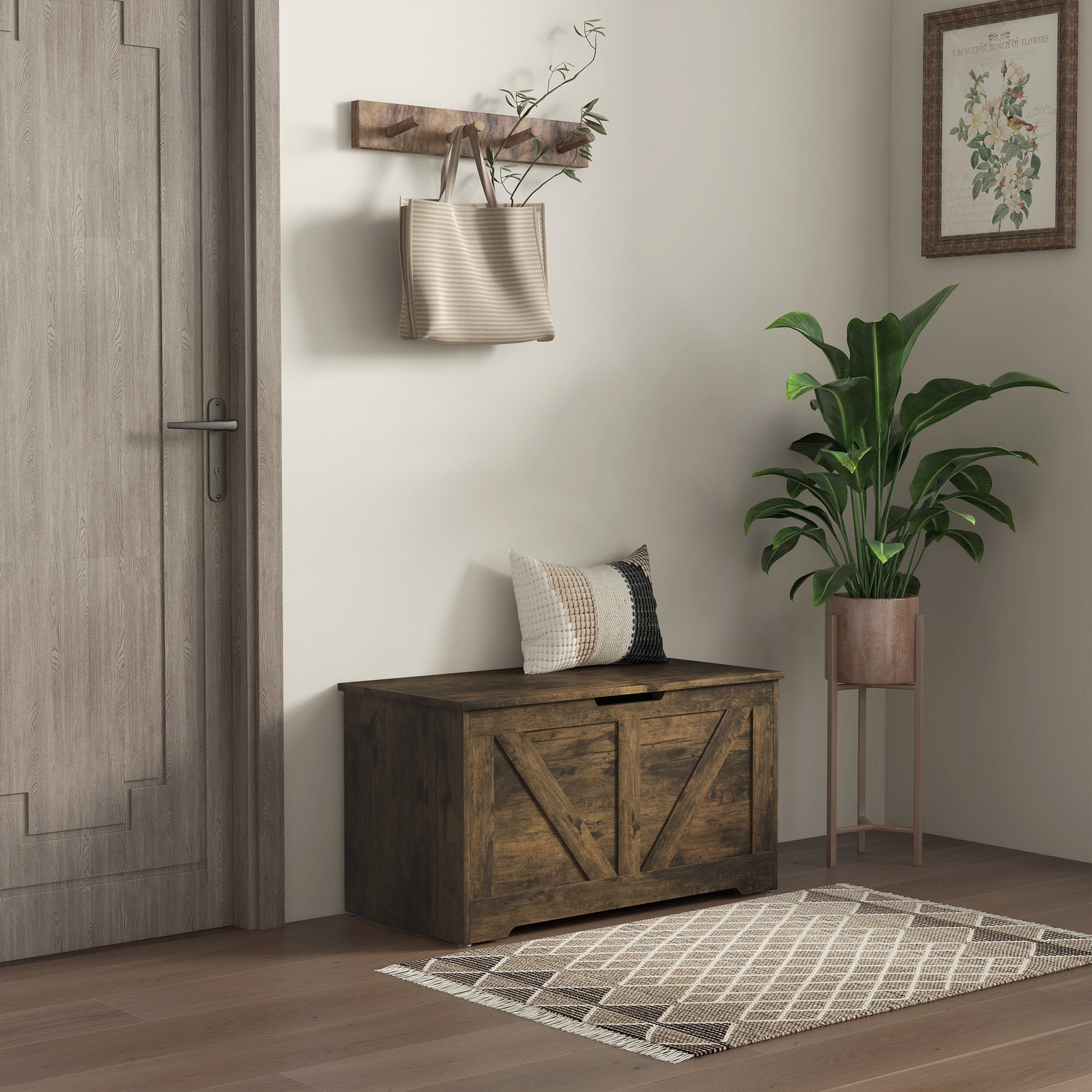 31.5 Inches Storage Chest, Storage Trunk with 2 Safety Hinges, Wooden Toy Box for Living Room, Brown Wood Grain Storage Cabinets Rustic Brown Wood Grain  at Gallery Canada