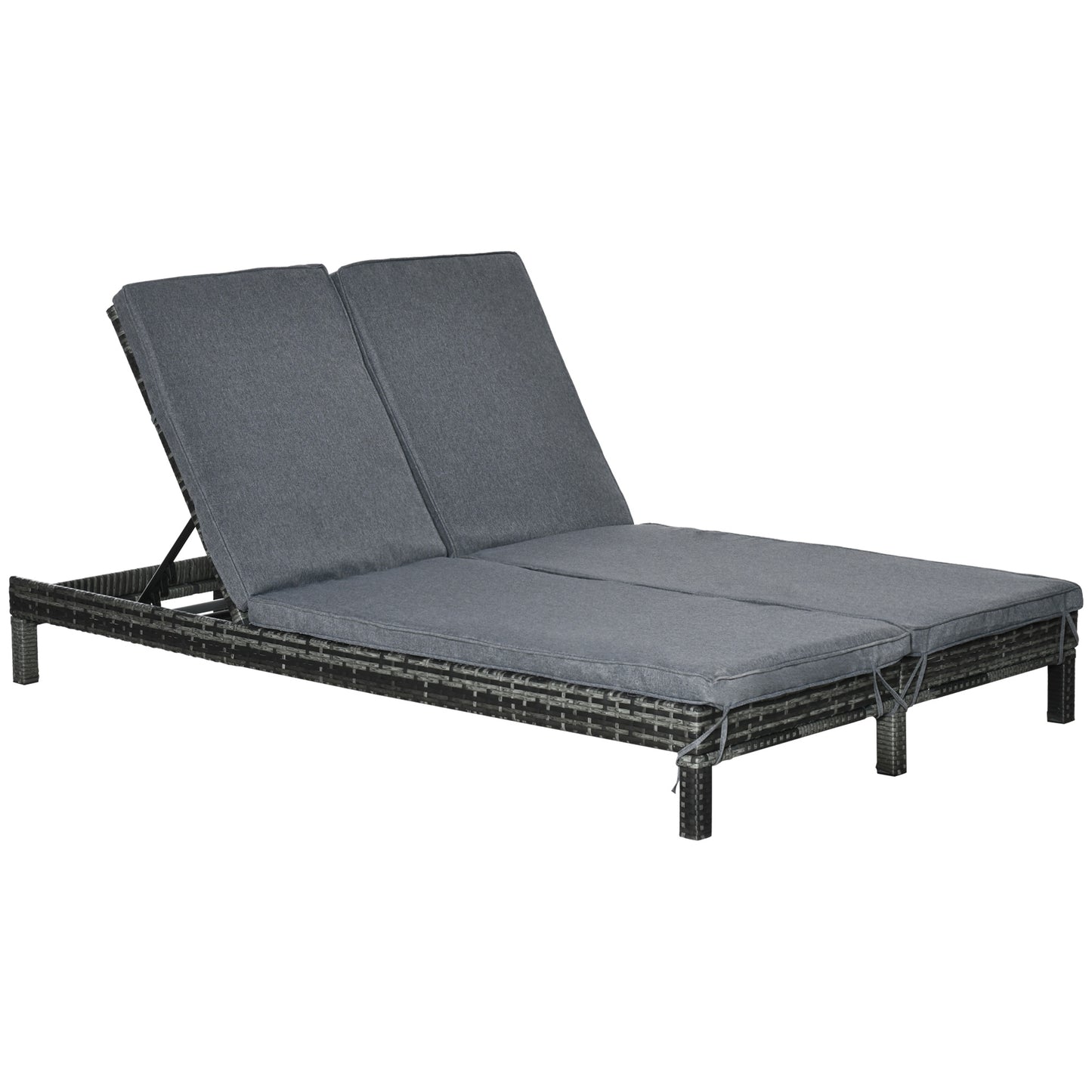 Wicker Double Chaise Lounger Chair Outdoor Recliner 2 Person Rattan Patio Reclining Sunbed Furniture Cushioned w/Adjustable Backrest, Black, Grey Chaise Loungers   at Gallery Canada