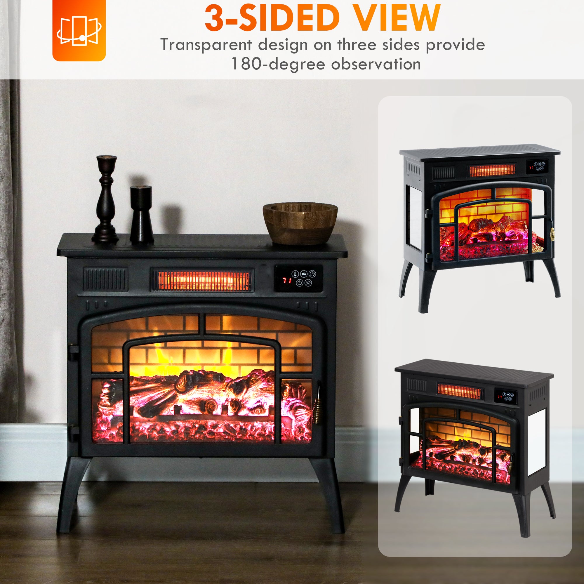 Electric Fireplace Stove, Infrared Fireplace Heater with Realistic Flame, Adjustable Temperature, 1500W, Black Electric Fireplaces   at Gallery Canada