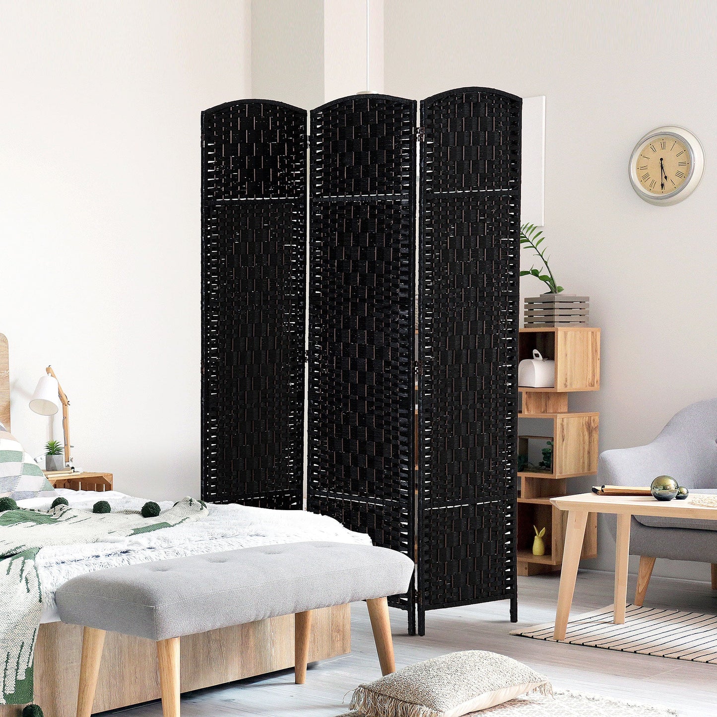 6ft Folding Room Divider, 3 Panel Wall Partition with Wooden Frame for Bedroom, Home Office, Black Room Dividers   at Gallery Canada