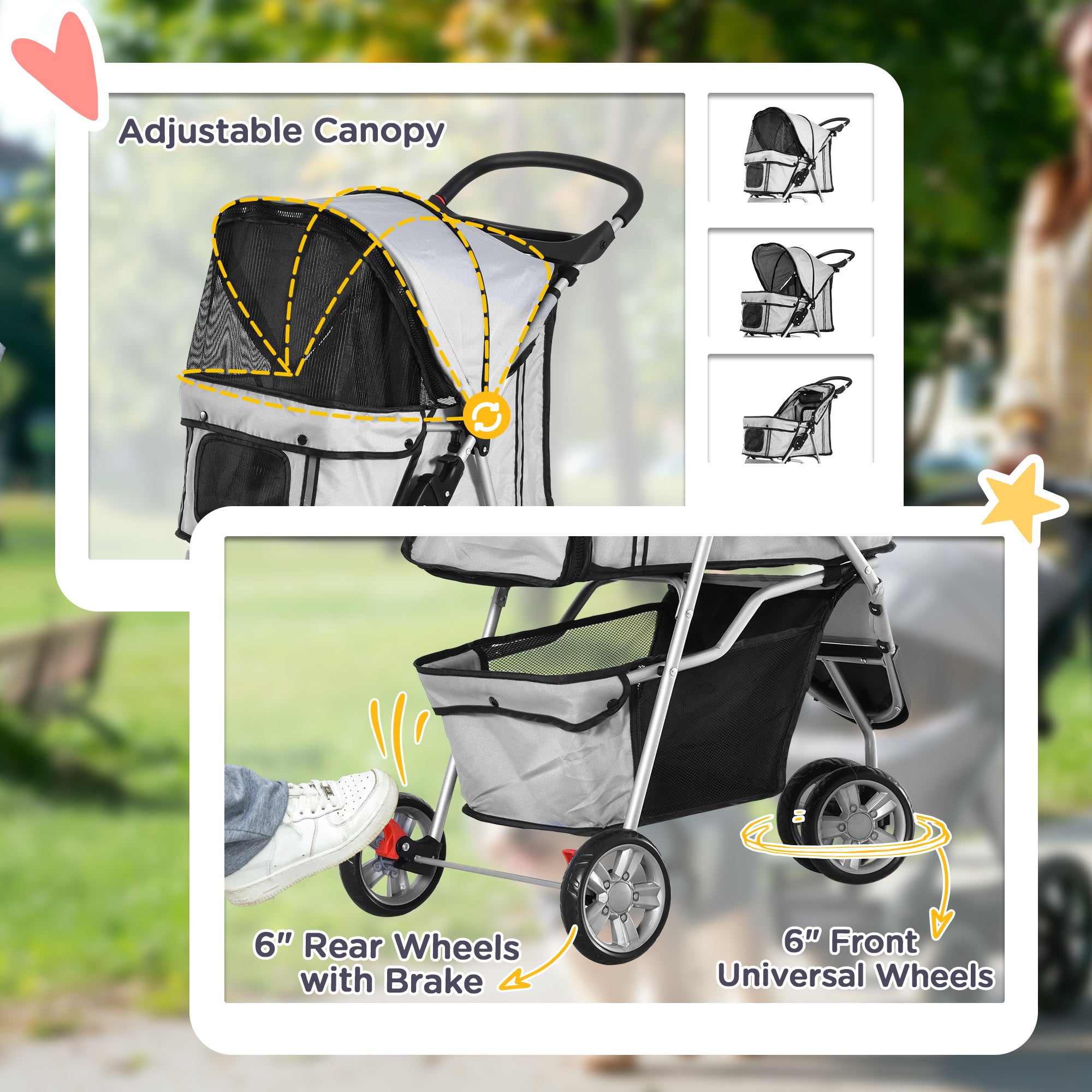 3 Wheels Foldable Dog Stroller with Storage Basket, Adjustable Canopy, Cupholder for Miniature and Small Dogs, Grey Dog Bike Trailers & Strollers at Gallery Canada