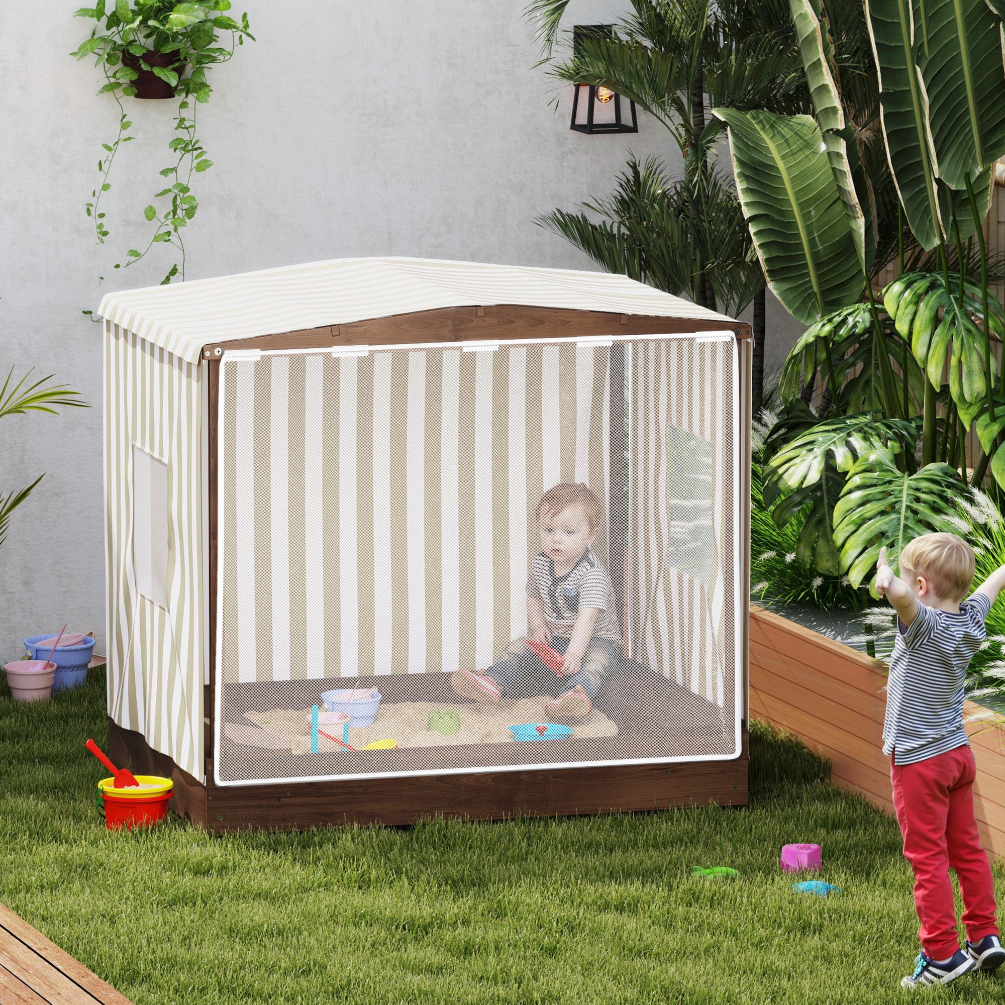 Kids Sandbox with Full Covered Canopy, Bench Seats, Bottom Liner, for Ages 3-6, 56