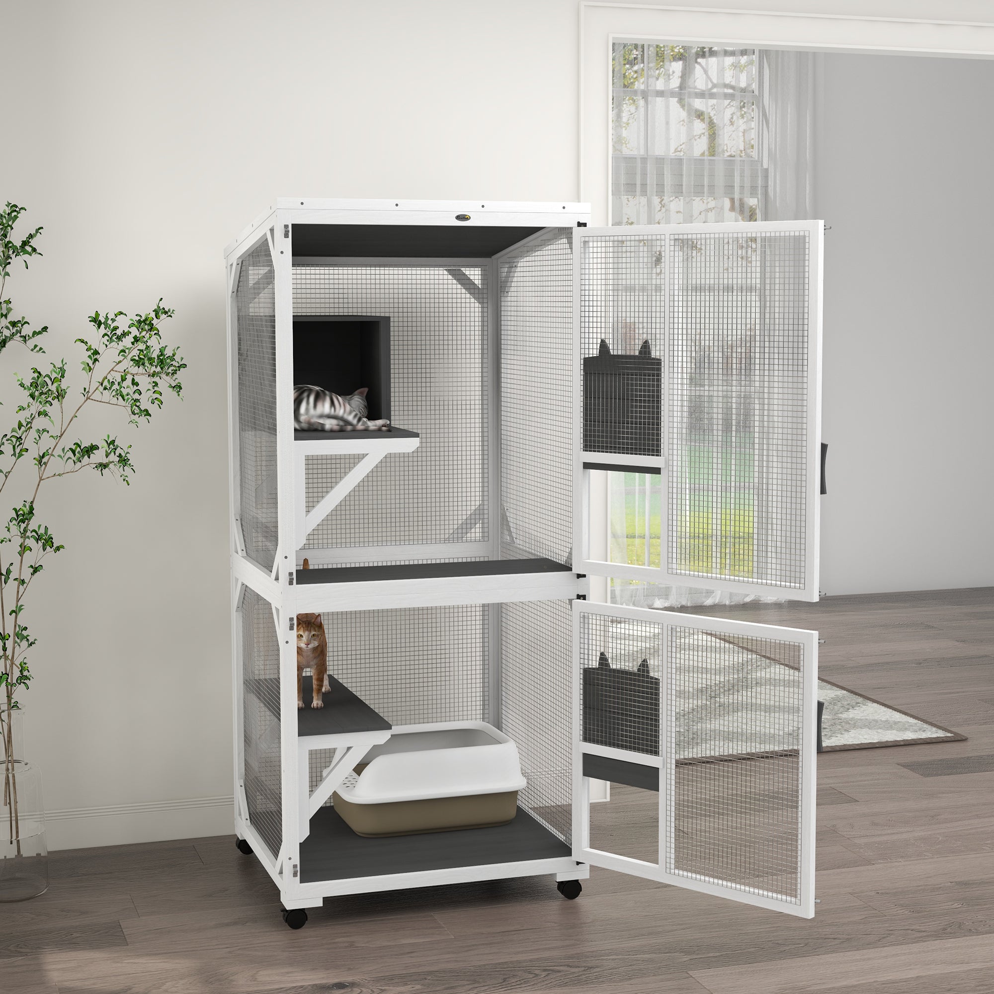 Catio Outdoor, Elevated Design, with Wheels, Resting Box, Water-Resistant, Multi Platforms, White &; Grey Outdoor Cat Enclosures at Gallery Canada