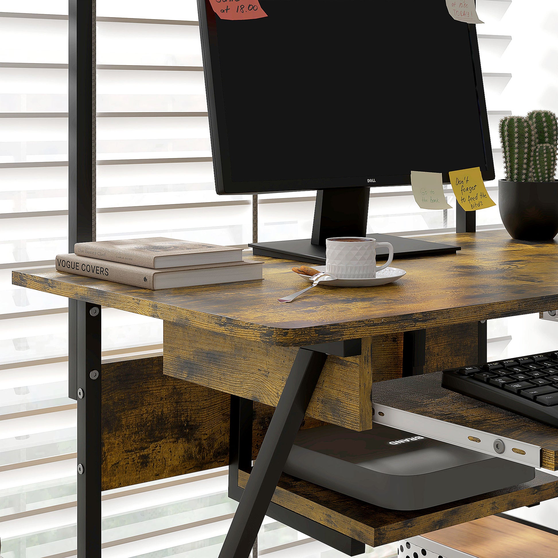 32" Mobile Computer Table, Rolling Study Desk for Home Office with Keyboard Tray, Storage Shelves, Wheels, Rustic Brown Computer Desks   at Gallery Canada