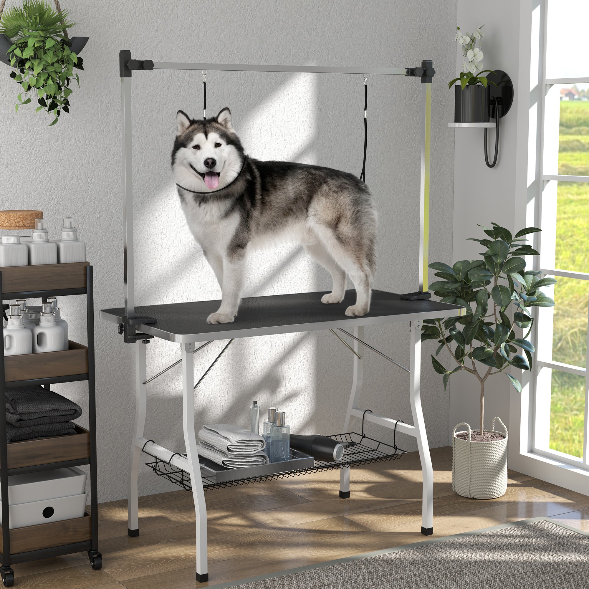 Foldable Dog Grooming Table with Adjustable Grooming Arms, Storage Shelf, Two Nooses, 42