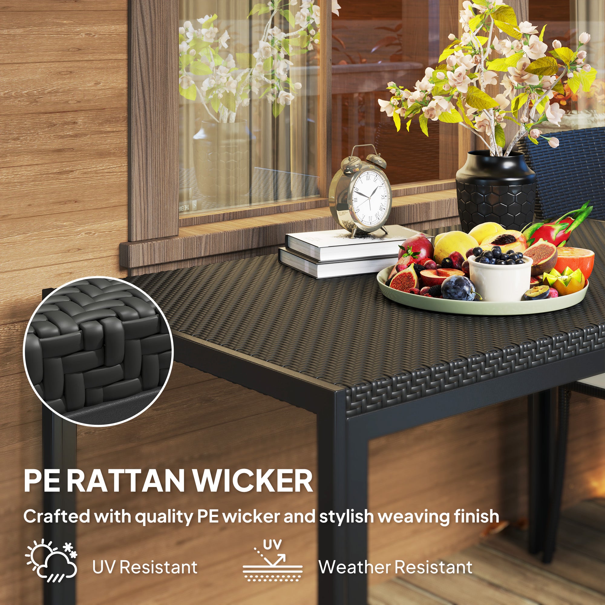 Rectangular Outdoor Dining Table, 4-Seat Patio Table with PE Rattan Wicker Tabletop for Backyard and Lawn, Black Patio Dinning Tables at Gallery Canada