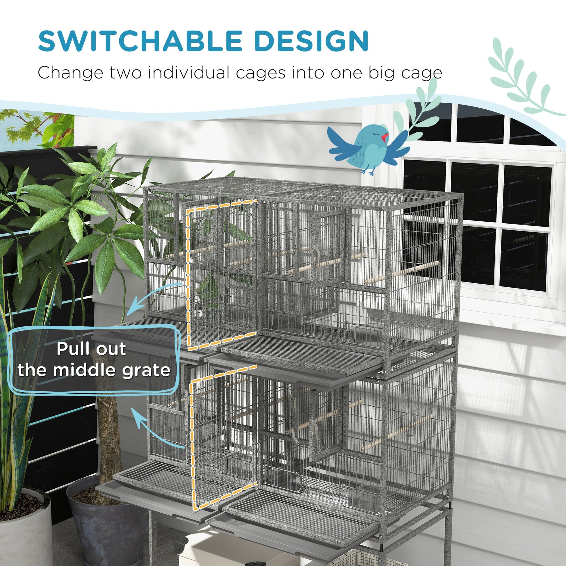 61"H Divided Breeder Bird Cage with Rolling Stand Removable Metal Tray, Storage Shelf, Wood Perch, and Food Container, Dark Grey Bird Cages   at Gallery Canada