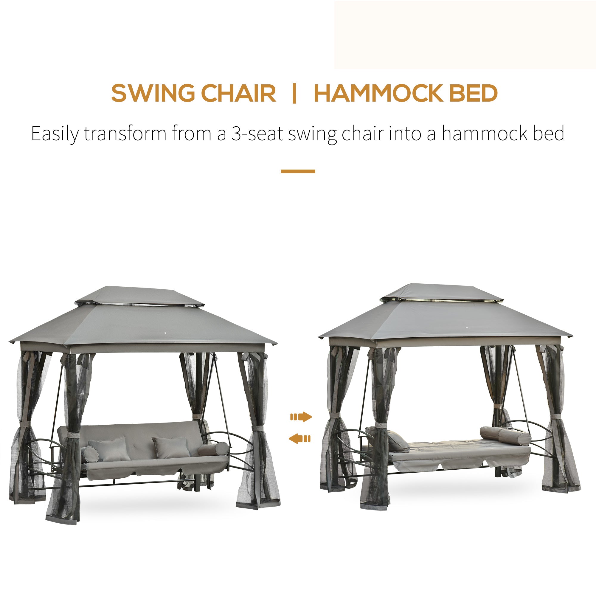 3 Person Outdoor Patio Daybed, 3 in 1 Canopy Gazebo Swing Chair Garden Hammock with Sun Shade, Mesh Mosquito and Net, Dark Grey Patio Swings with Stand at Gallery Canada