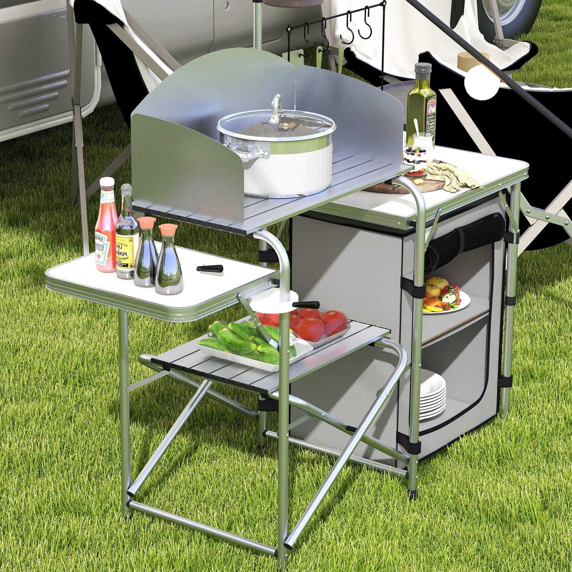 Folding Camping Table with Storage Organizer Aluminum Portable Camping Kitchen with Windshield Light Stand Bag Silver - Gallery Canada