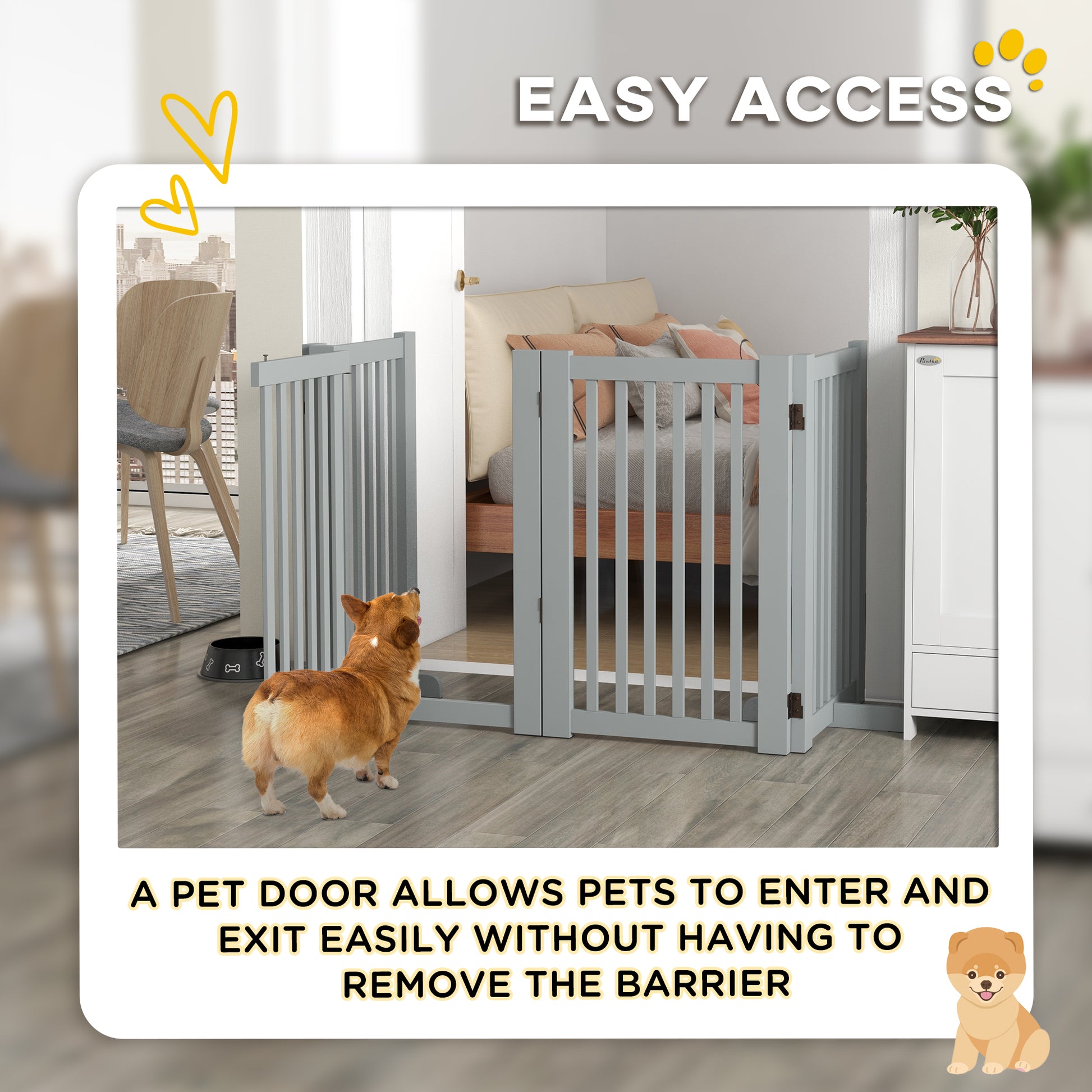 4 Panel Free Standing Wooden Pet Gate with Open Door Light Grey Houses, Kennels & Pens   at Gallery Canada