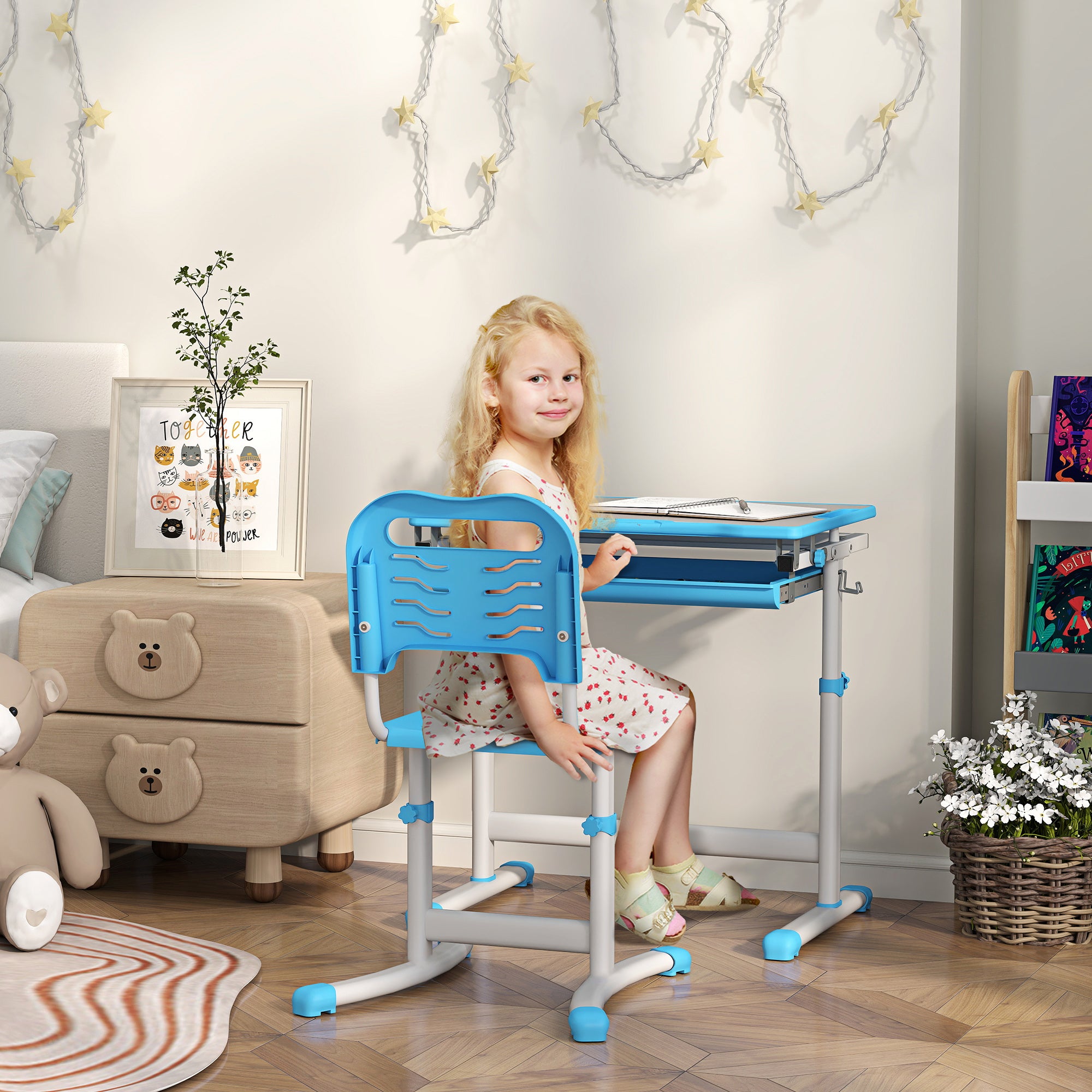 Height Adjustable Study Table and Chair Set with Drawer, Pen Slot, Tiltable Desktop, Hook, Blue Kids Desk Sets Blue  at Gallery Canada